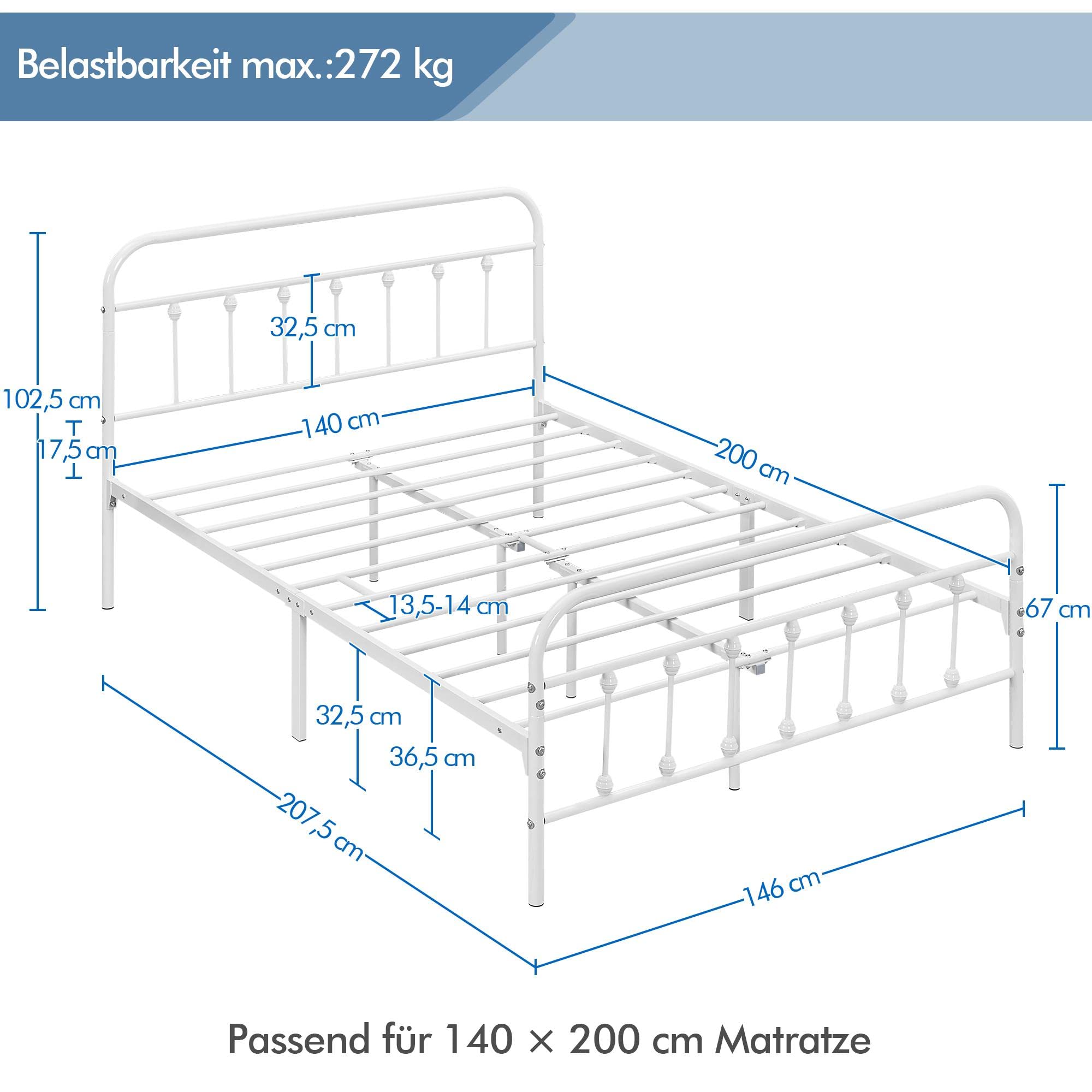 Yaheetech Bettrahmen Vintage Stil 140 x 200 cm Metallbett Bettgestell aus Metall mit Lattenrost, Modern Gästebett Jugendbett, Weiß