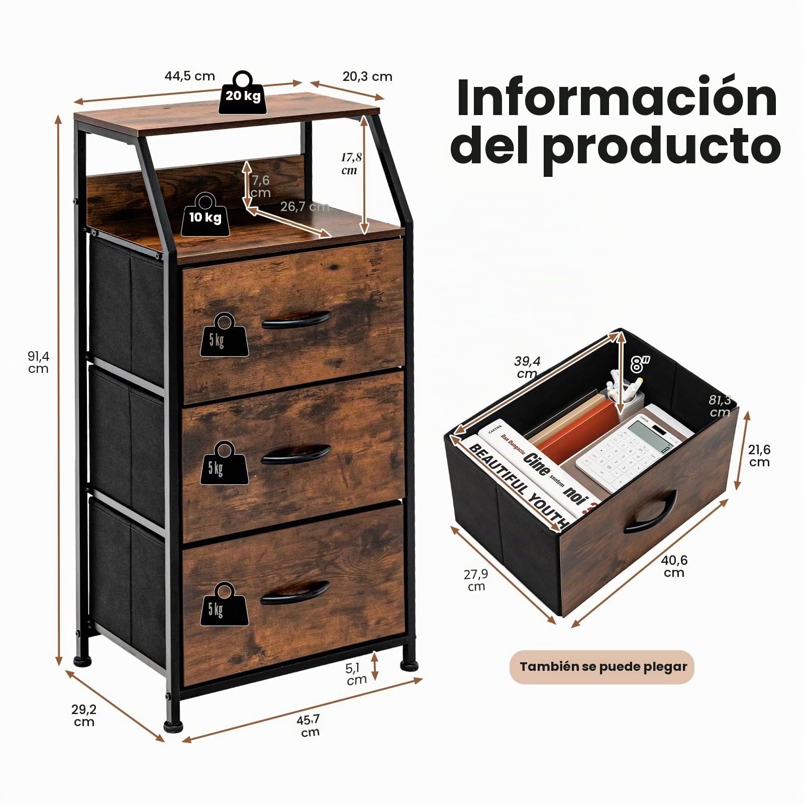 HOMASIS Mueble organizador con 3 cajones y 2 estantes, mesita de noche de madera y metal, para salón, dormitorio, cómoda de diseño industrial, 45 x 29,5 x 92 cm, marrón, TJ10060MPDE