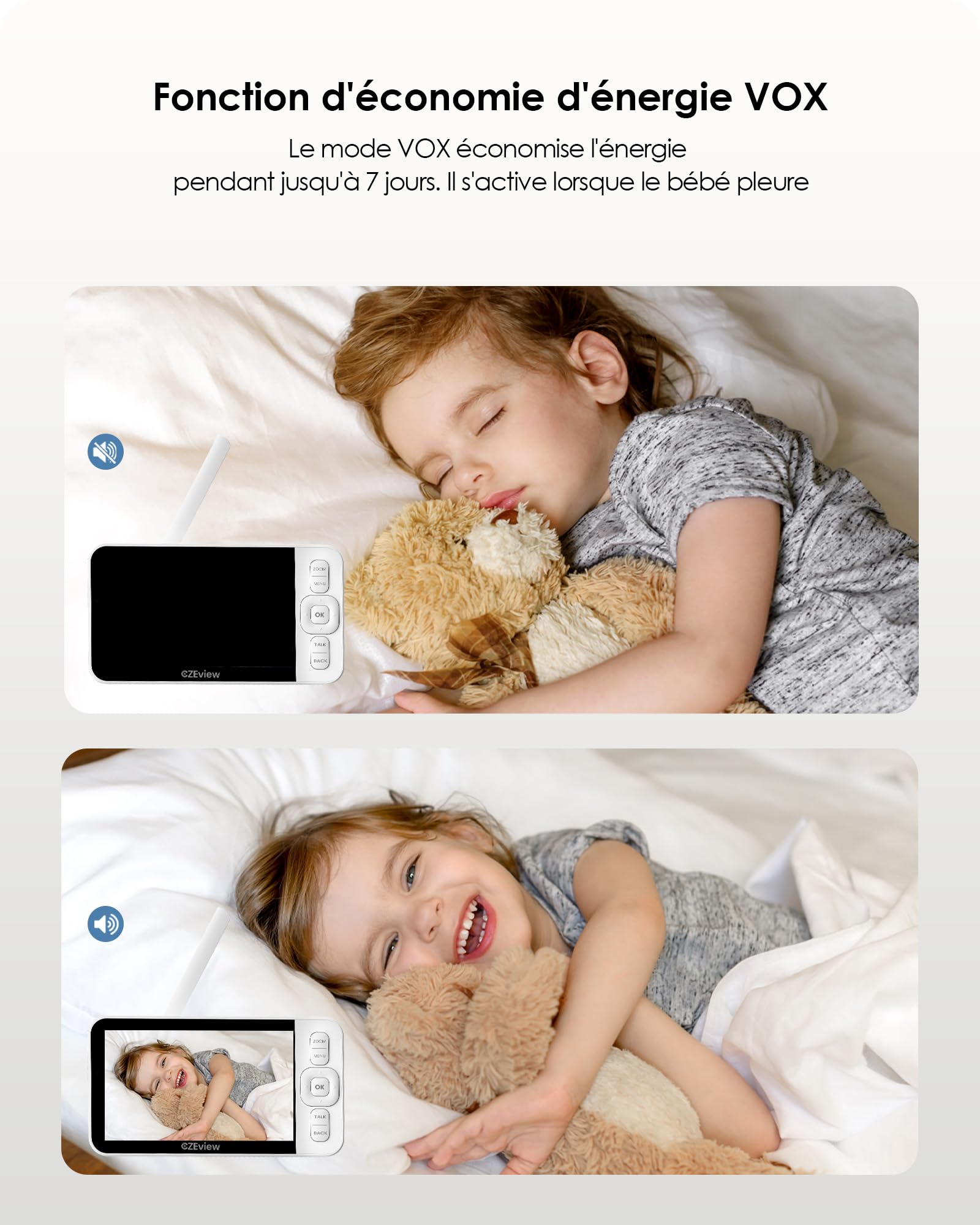 CZEview Babyphone Caméra Bébé, Moniteur Vidéo 5,0", PTZ 360°, Vidéo Caméra Surveillance Bébé, Audio Bidirectionnel, Vision Nocturne, Berceuses, Détection AI & Alertes Intelligentes