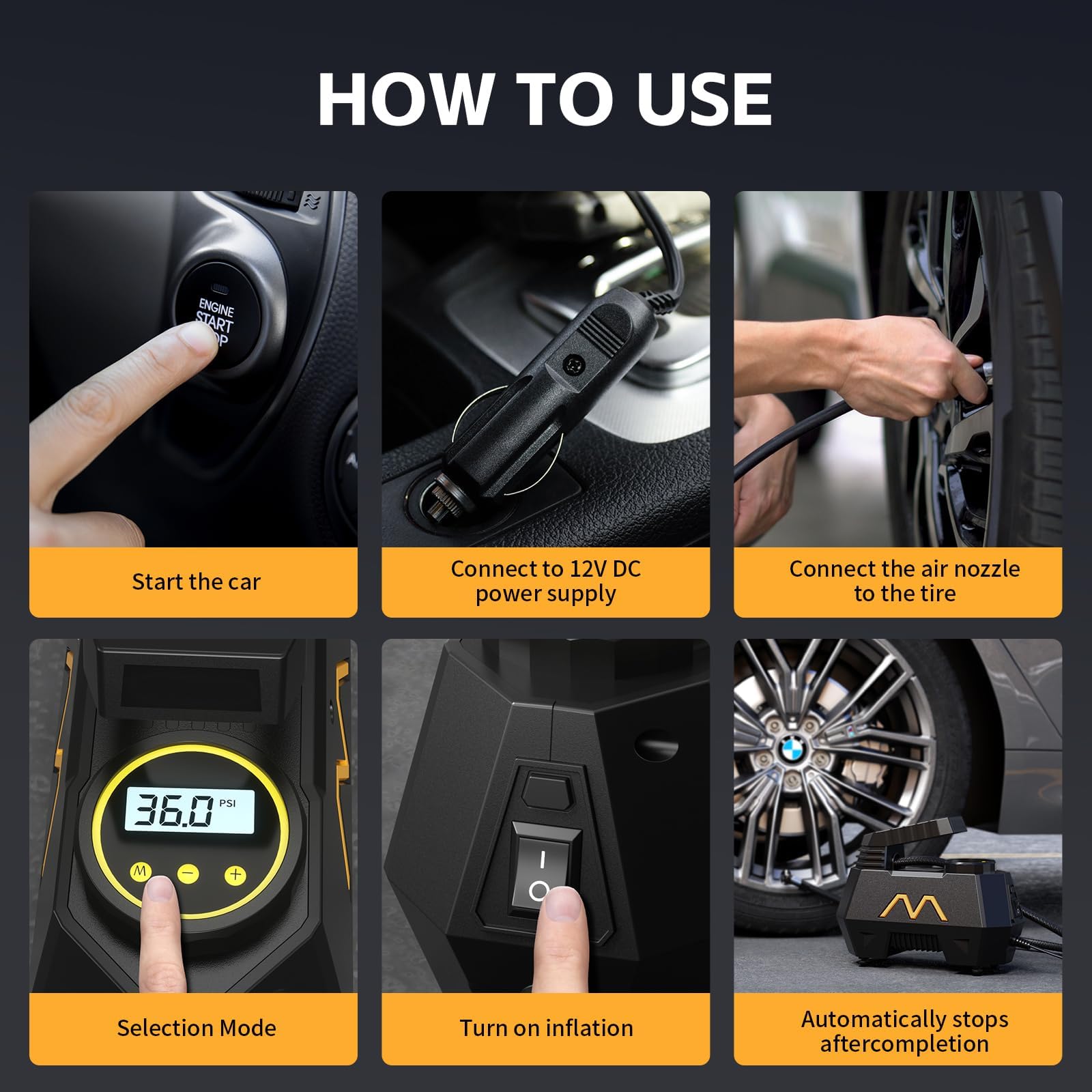 Tire Inflator Portable Air Compressor, Air Pump for Car Tires-9.84 Ft Cord,12V DC-Powered Auto Pump with Digital Pressure Gauge,Emergency LED Light, Car Accessories for Motorcycle Bicycle Ball Balloon