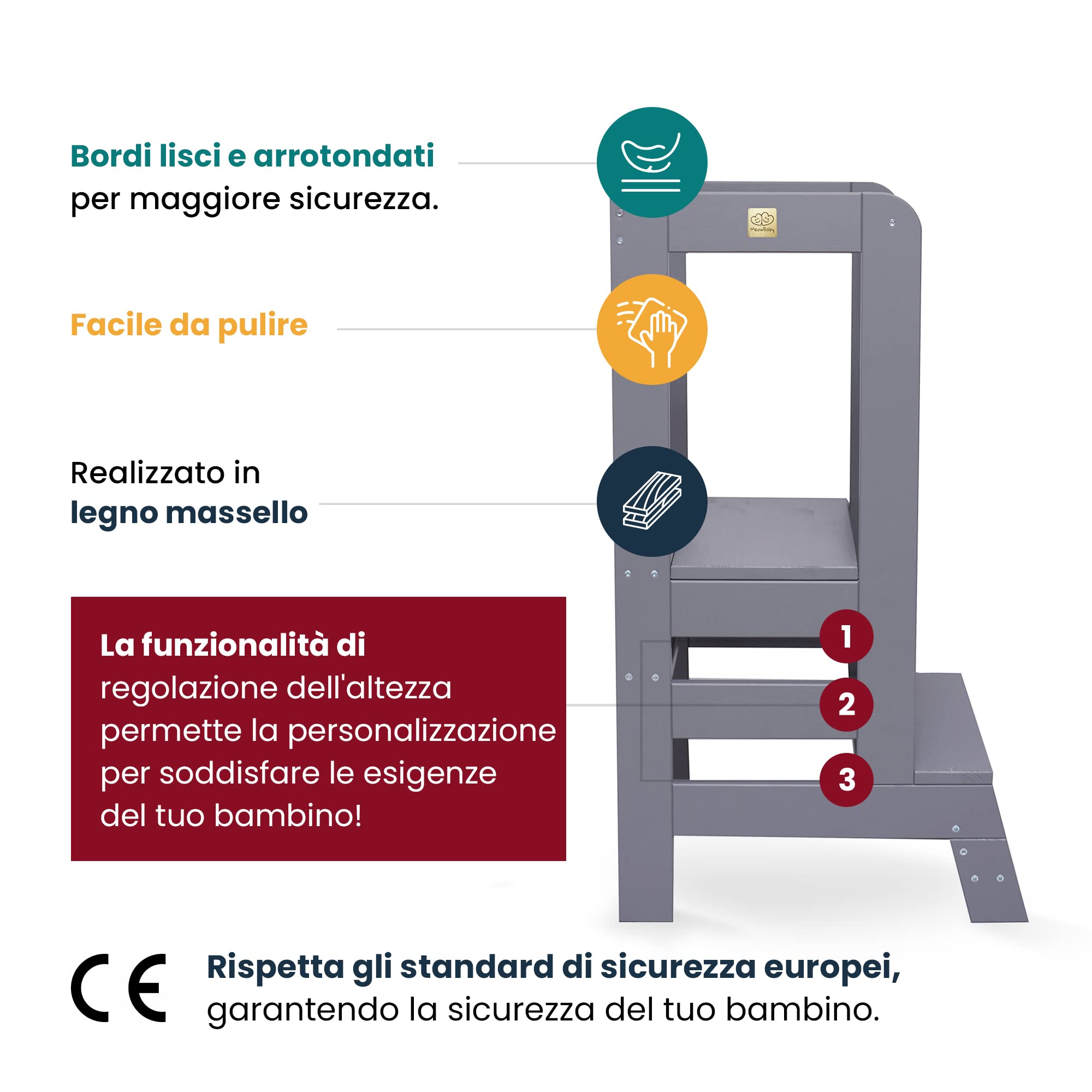 MEOWBABY Torre Montessoriana in Legno per Bambini - Torre di Apprendimento, Learning Tower, Naturale