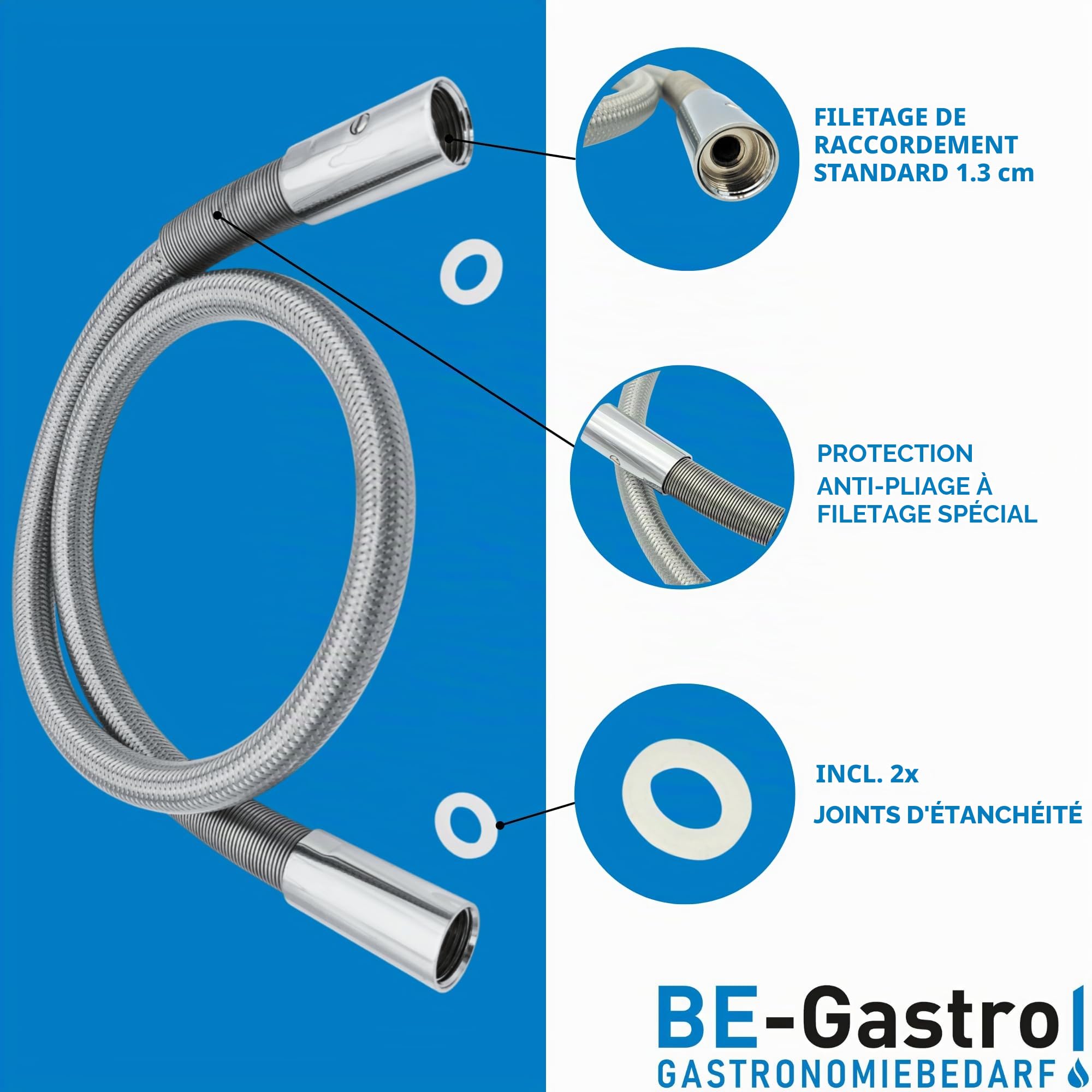 BE-GASTRO Tuyau de Douche Professionnel 120 cm I Robinet et Douchette Industriels AG Standard 1/2" - Pour Vaisselle/Douche Gastronomique 1200 mm
