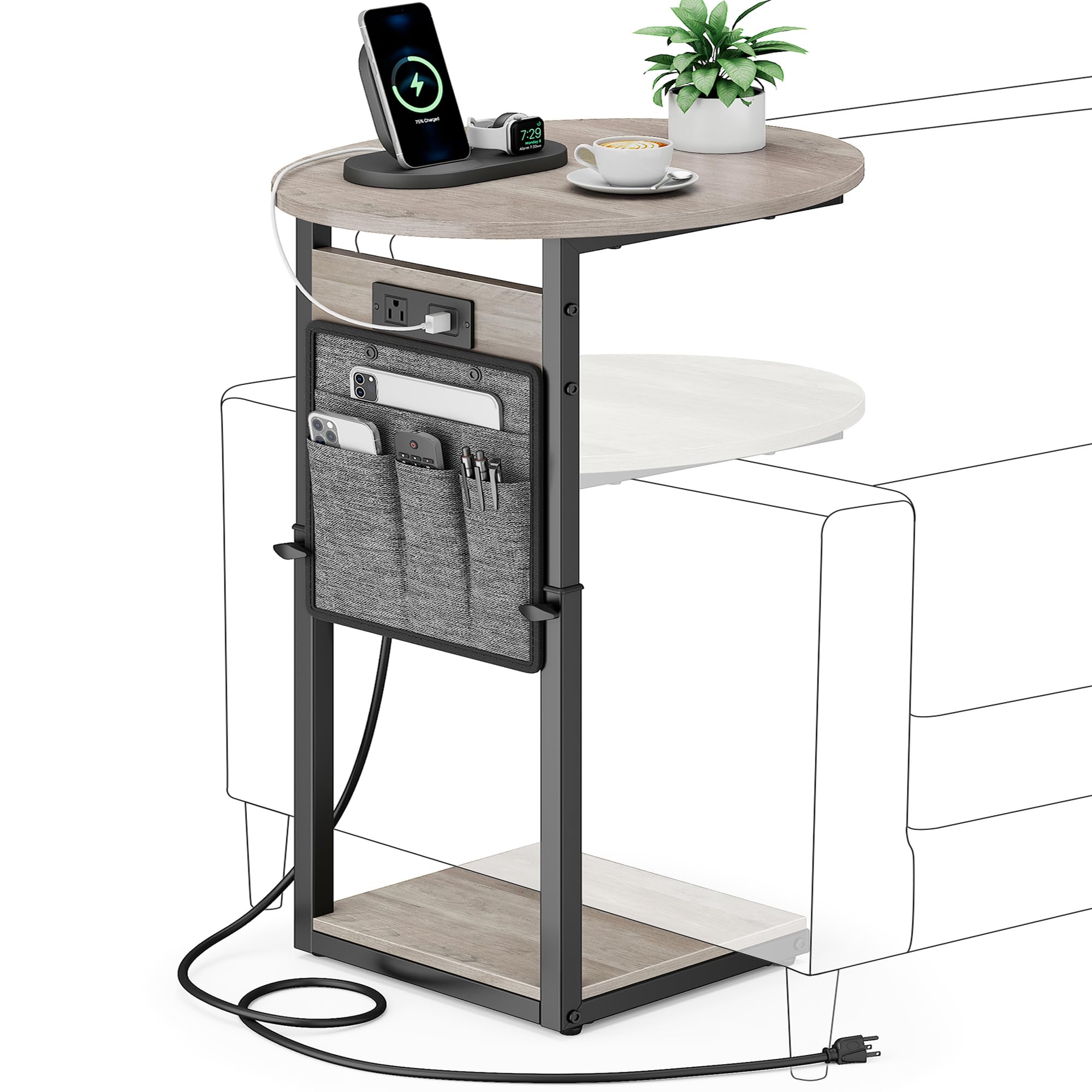 Vagusicc C Shaped End Table with Charging Station, 32" Tall Side Table for Couch and Recliner, Adjustable Height Small Couch Side Table Slide Under