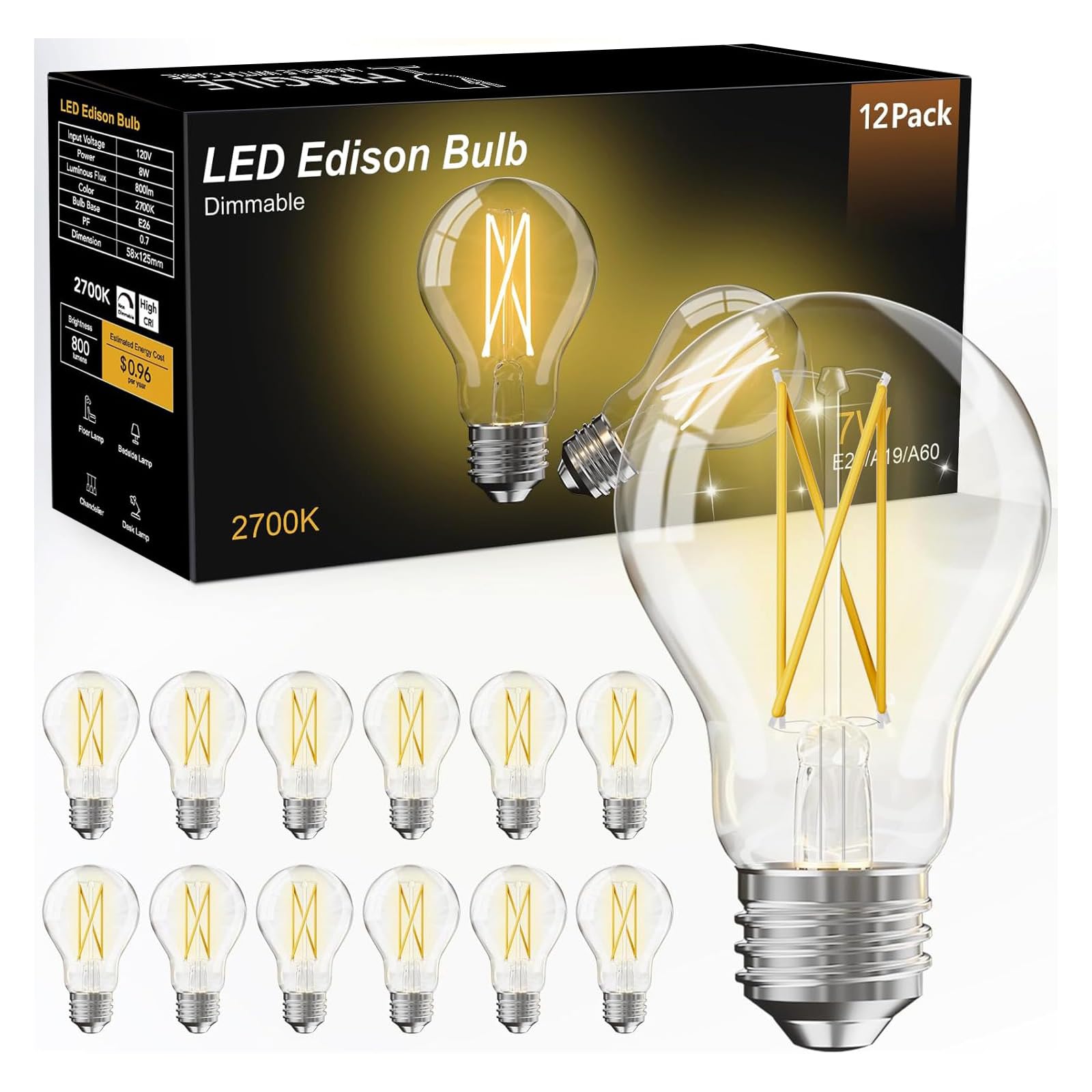 dalattin 12 Pack A19 Vintage LED Edison Bulbs Dimmable 60W Equivalent High Brightness 2700K Soft White 8W E26