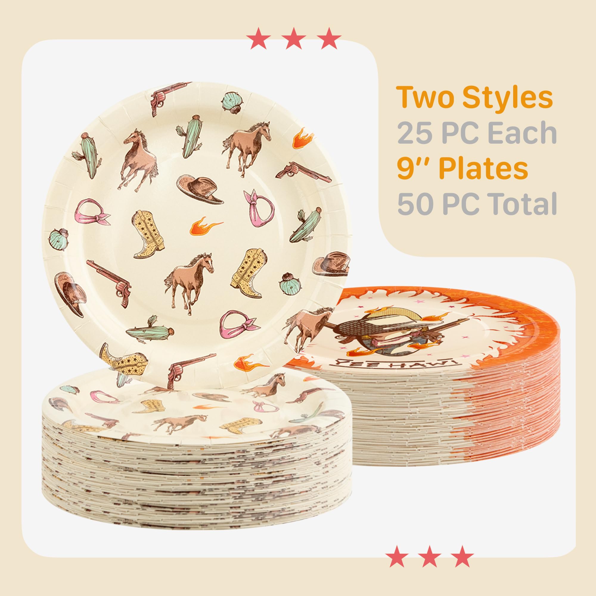 ColorOrca 9 inch leak-proof disposable paper plates - 50 pcs, thickened & easy to clean, perfect for cowboy cowgirl party decorations, and western party decorations. 2 Styles. | YeeHaw + Pattern