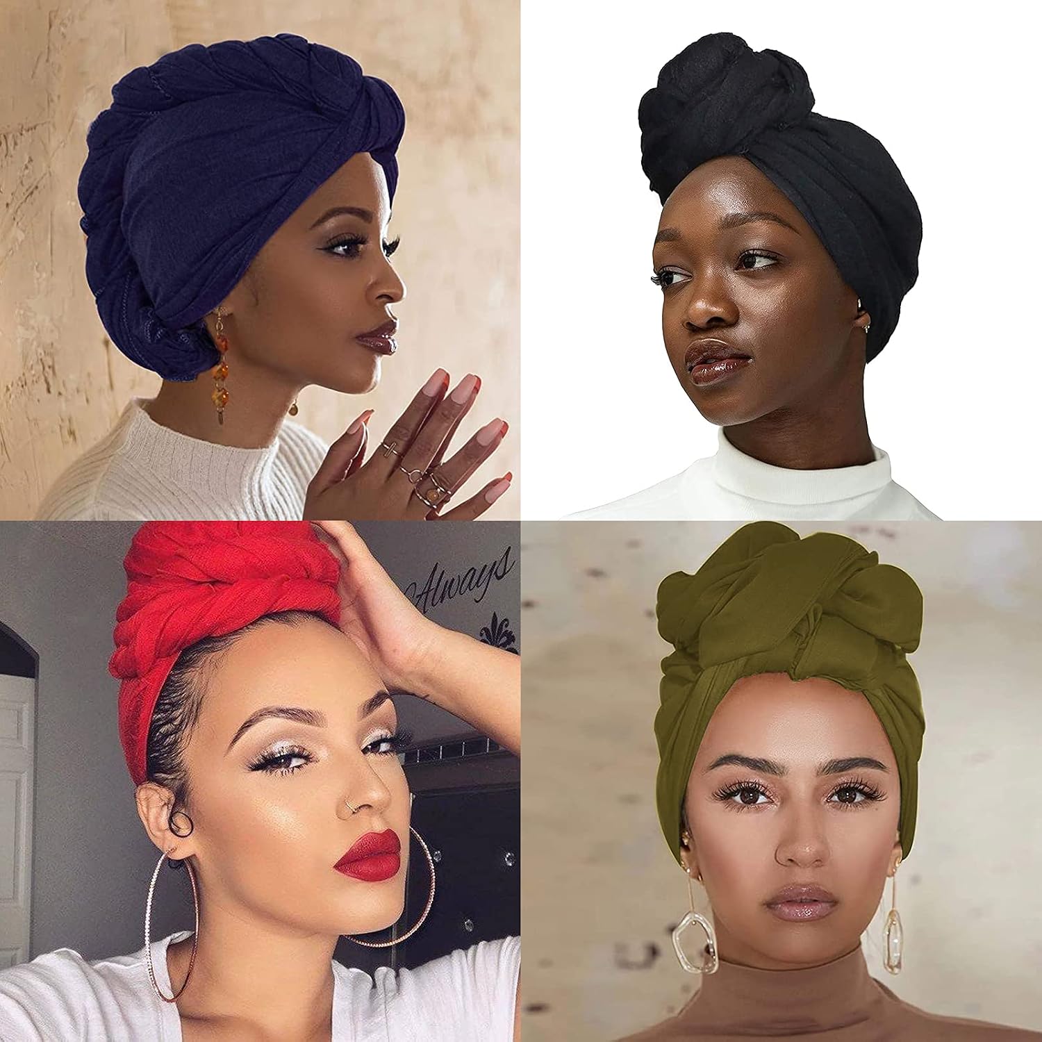 YMHPRIDE 4 Pieces Stretch Jersey Turban Head Wrap Knit Headwraps Urban Hair Scarf Solid Color Extra Long Hair Scarf Urban African Head Wrap Head Band Ultra Breathable Soft Turban Tie for Women