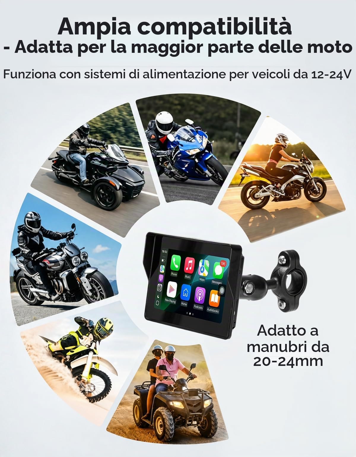 KEMIMOTO Schermo CarPlay per Moto 5 Pollici, Wireless Apple CarPlay e Android Auto, Navigazione GPS Moto IP67 Impermeabile, Compatibile con Guanti, Luminosità Automatica, Schermo HD a Colori