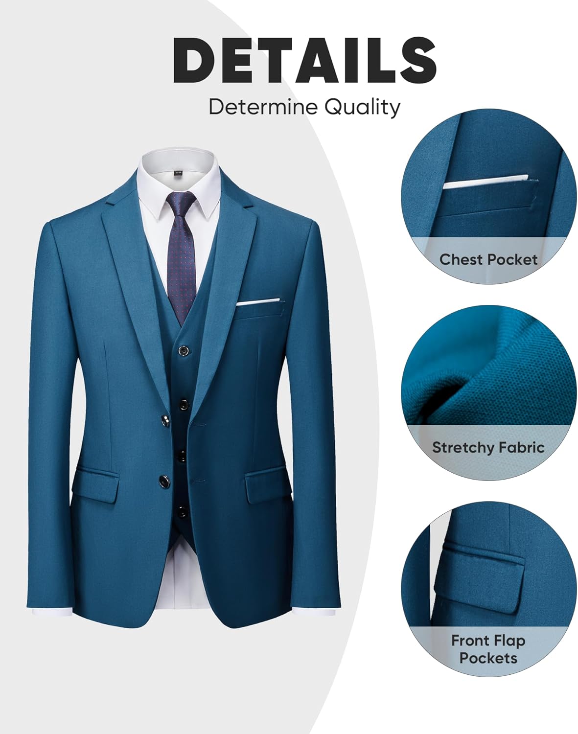 Men's 3 Pieces Suit Set Solid Two Button Slim Fit Party Prom Business Wedding Jacket Blazer Vest Pants with Tie - Image 2