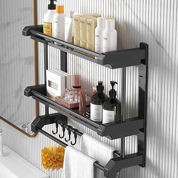Bathroom Shelf Towel Rack Bathroom Towel Holder Wall Mounted Stainless Steel 40/50/60/70/80cm Bathroom Shelf with Towel Bar Adhesive Towel Shelf with Hook 1/2/3 Tier Shelves Shower Organizer No Drill