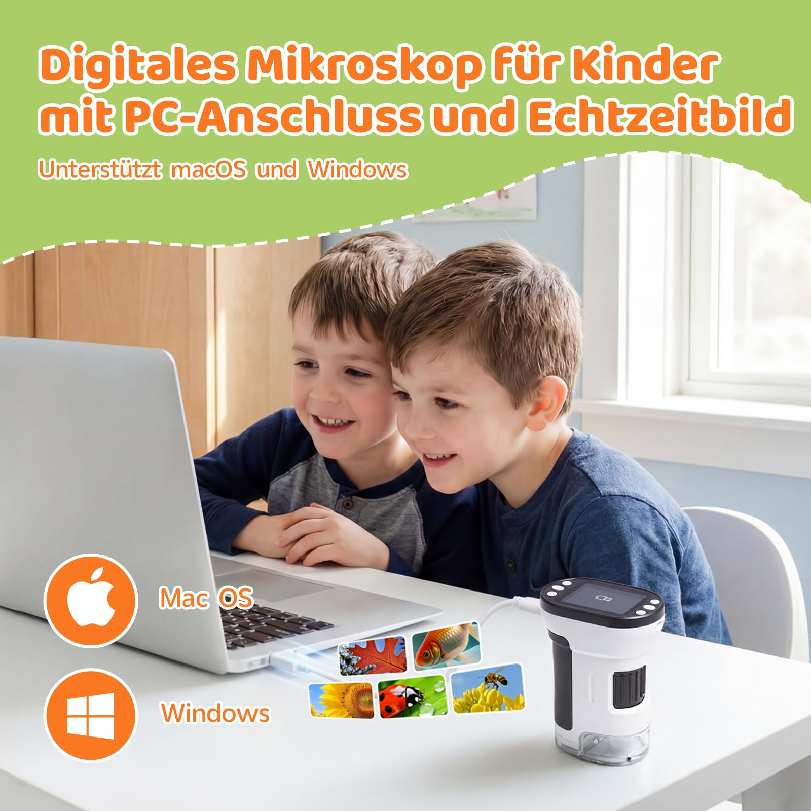 Digitales Mikroskop für Kinder mit 16GB Speicherkarte, 1000X Kinder Mikroskop mit 1080P HD 2,0" IPS‑Bildschirm, LED-Licht & USB, Kindermikroskop zum Lernen, Entdecken & Naturbeobachten, ab 6 Jahre