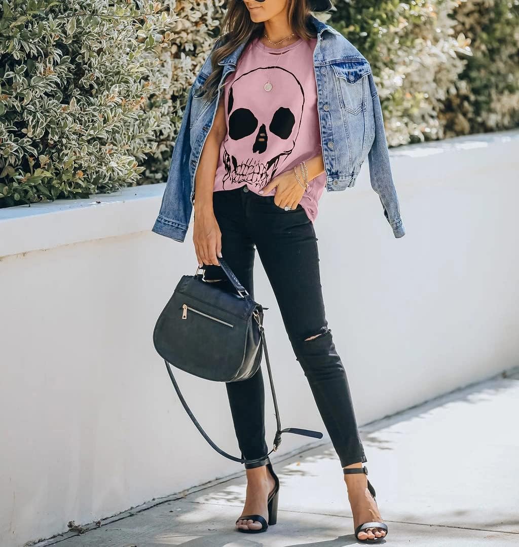 Veatzaer Summer Cotton Graphic Shirts Womens Short Sleeve Crewneck Tees Skull Distressed T Shirt Loose Casual Tops S-XXL