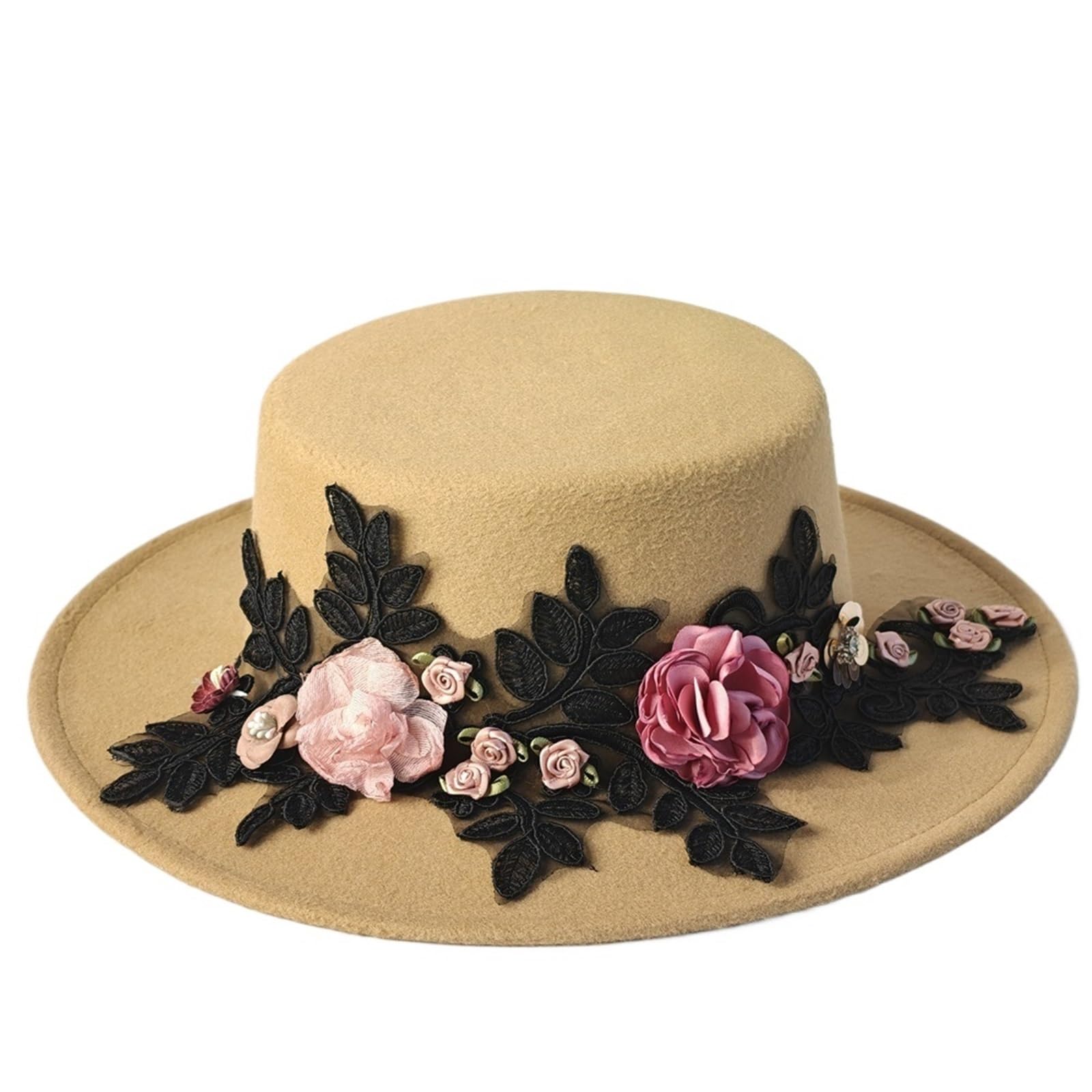 Bombetta Donna Cappello Fedora da Sposa Fiore Autunno Inverno | Cappello a bombetta da chiesa a tesa larga nero da donna con parte superiore piatta Chapeau Femme
