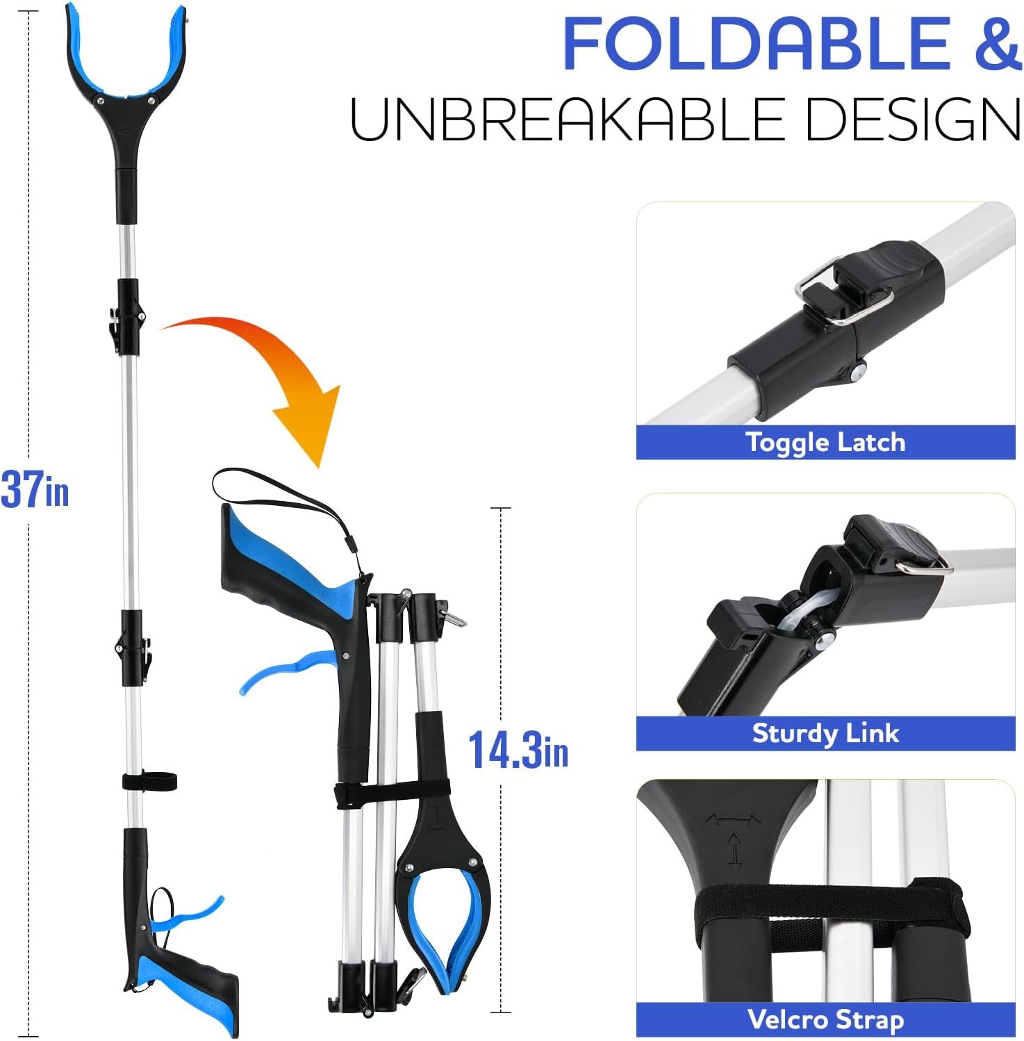 37.4 inch 2024 Upgraded Edition Grabber reahcer Tool,Foldable Reacher Grabber Pickup Tool with Strong Grip Magnetic,360°Rotating Anti-Slip Jaw,Trash Picker Tool for Outdoor & Indoor (Blue) image 4