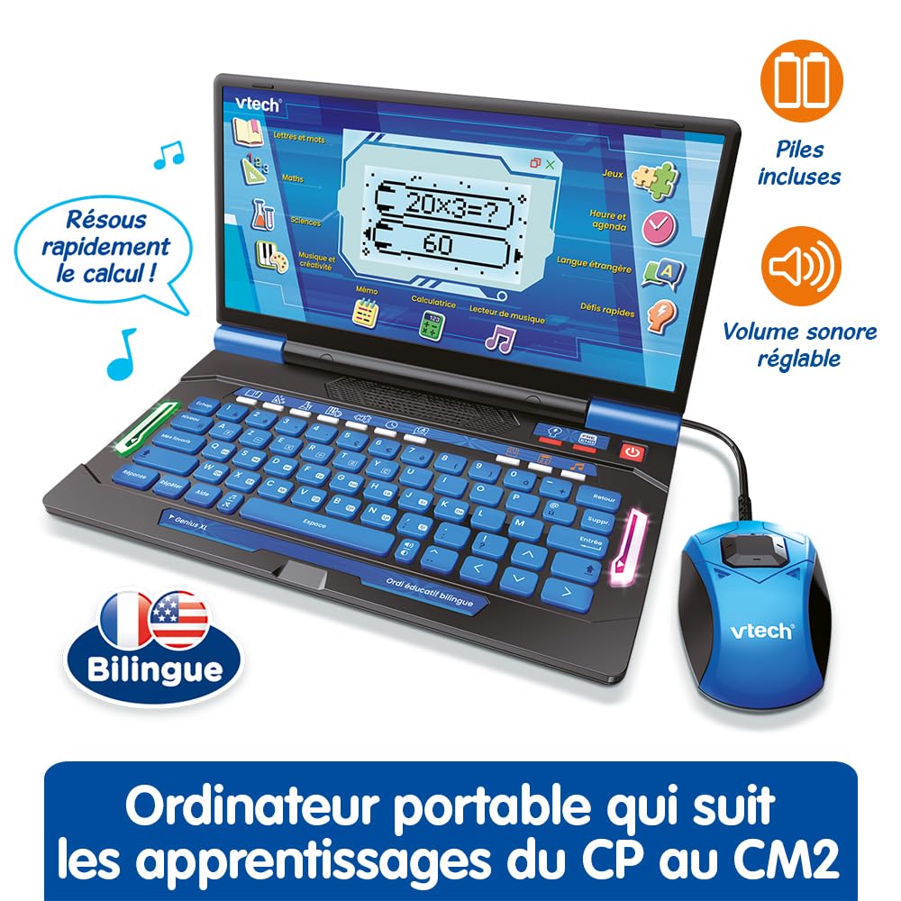 VTech - Genius XL Ordi Éducatif Bilingue Bleu - Ordinateur Enfant avec Écran LCD, Clavier AZERTY, Souris et 164 Jeux Éducatifs - du CP au CM2 - Cadeau Enfant Dès 6 Ans - Contenu en Français et Anglais