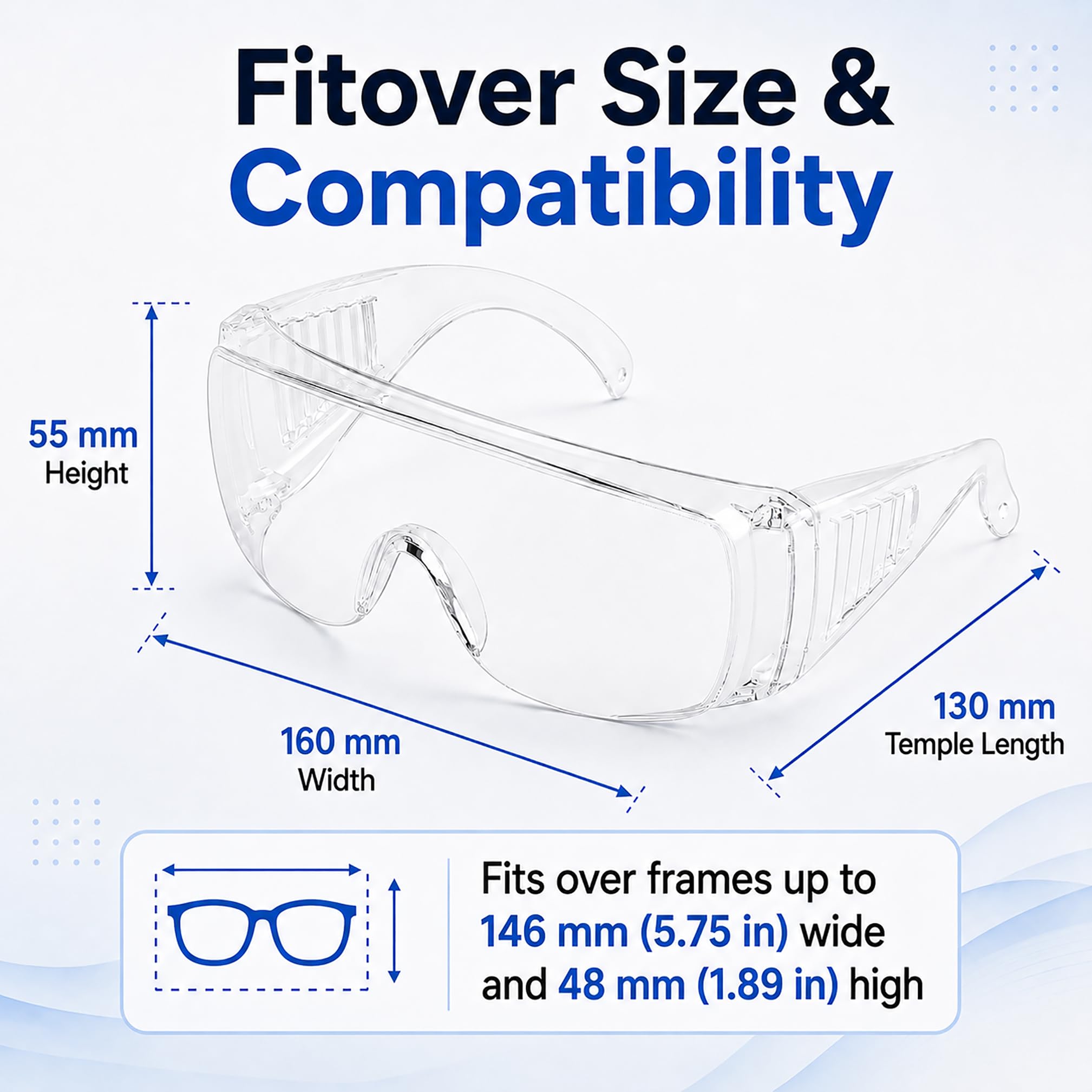Calabria 1003 Fit Over Gafas de seguridad Fitover Prescription Eyewear Clear Tint Hombres Mujeres Wraparound Anti Niebla Resistente a los impactos
