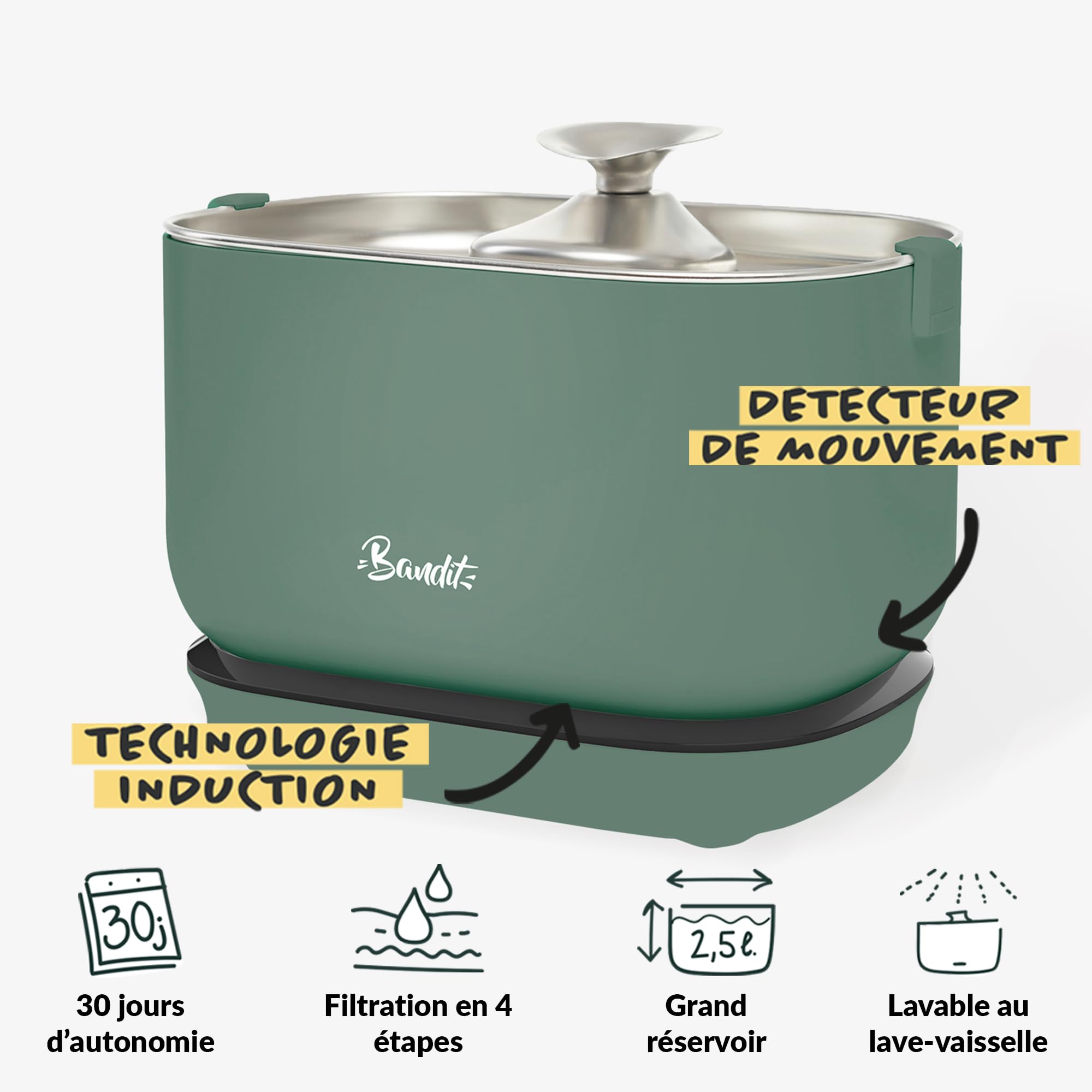 Bandit - Fontaine à Eau sans Fil pour Chat 2,5L - Autonomie 30 Jours - Filtration 4 étapes - Détecteur de Mouvement Intelligent - Ultra silencieuse inférieure 30dB - Acier Inoxydable - Vert