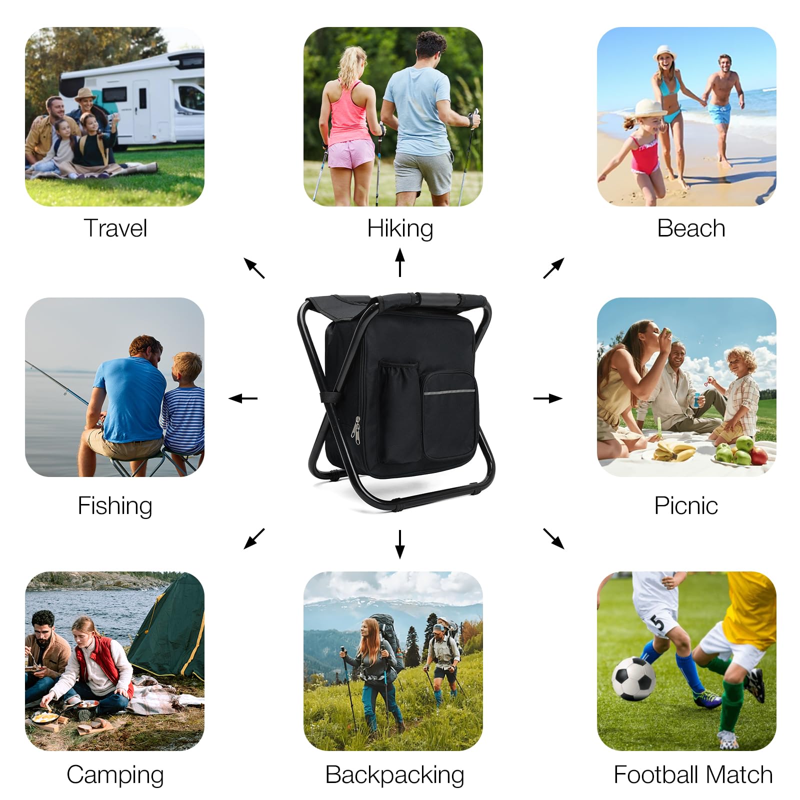 Grande sgabello da campeggio per adulti con zaino refrigerante integrato da 15 l, sgabello da caccia ultraleggero, pieghevole, portatile, sgabello da pesca con borsa da picnic, per viaggi