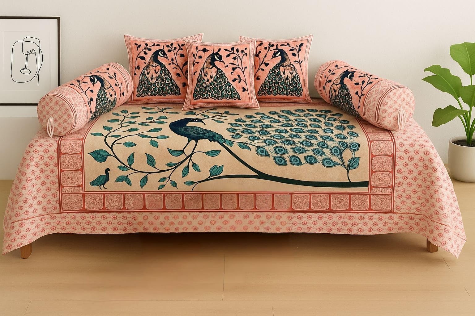 Jaipuri Printed Diwan Set Pure Cotton Diwan Bedsheet with 2 Bolster Covers & 3 Cushion Covers | Soft, Breathable Fabric | Pack of 6 (1+2+3) (6, Peach, S/B Bedsheet (60+90))