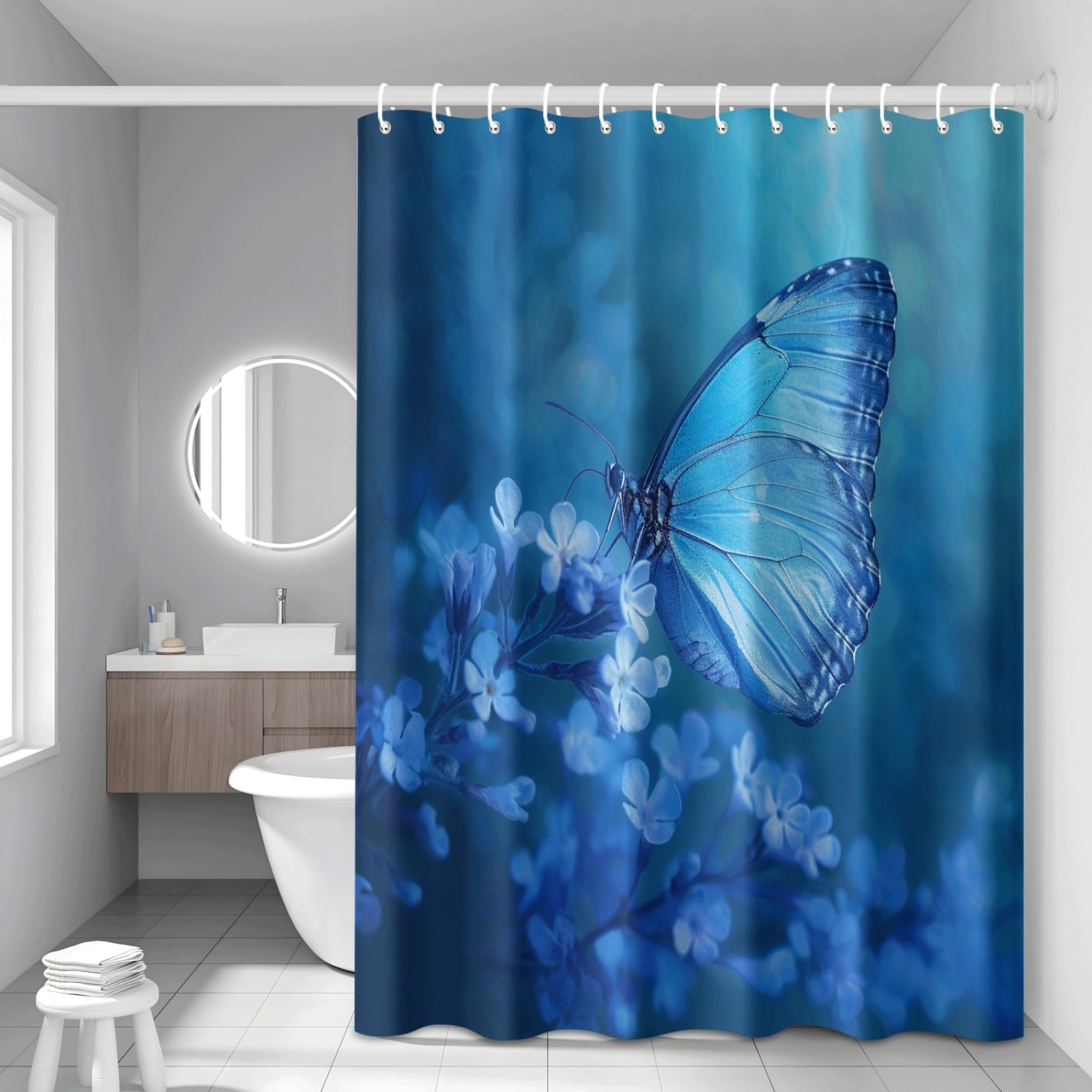 Shower Curtain Blue Insects Mould Resistant Shower Curtains for Bathroom Washable Polyester Bathroom Curtains Decor Wet Room Quick Dry Anti Mould Bath Curtain with 12 Hooks 120x180cm
