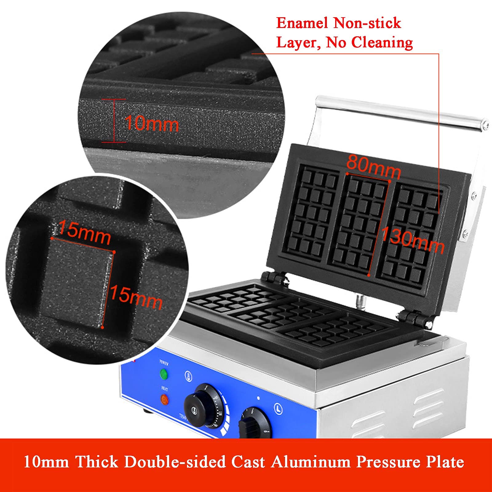 Piastra elettrica antiaderente per waffle professionale con controllo di temperatura e tempo, in acciaio inossidabile, 1550 W, produce 3/10 waffle per ciclo.,a