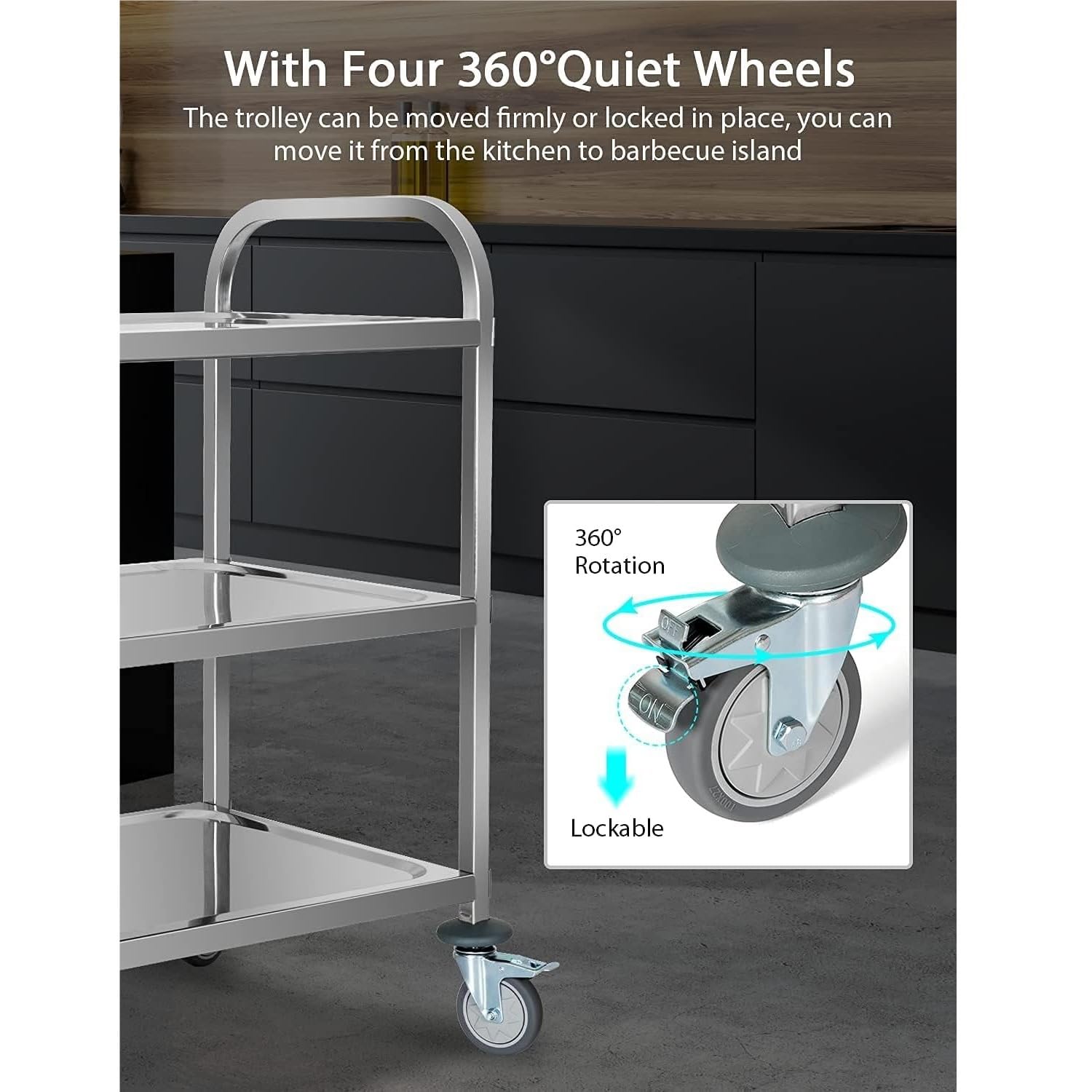 Carrello da cucina a 3 livelli in acciaio inox – le Rolling Serving Island con ruote bloccabili e ripiani Sto per catering, cucina nizat e preparazione del cibo