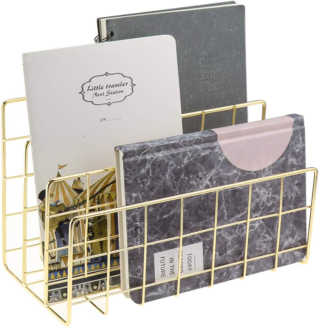 MORIGEM Desktop Mail Organizer, 3-Slot Metal Wire Mail Sorter, Letter Organizer Holder for Letters, Mails, Books, Postcards and More, Mail Holder Gold