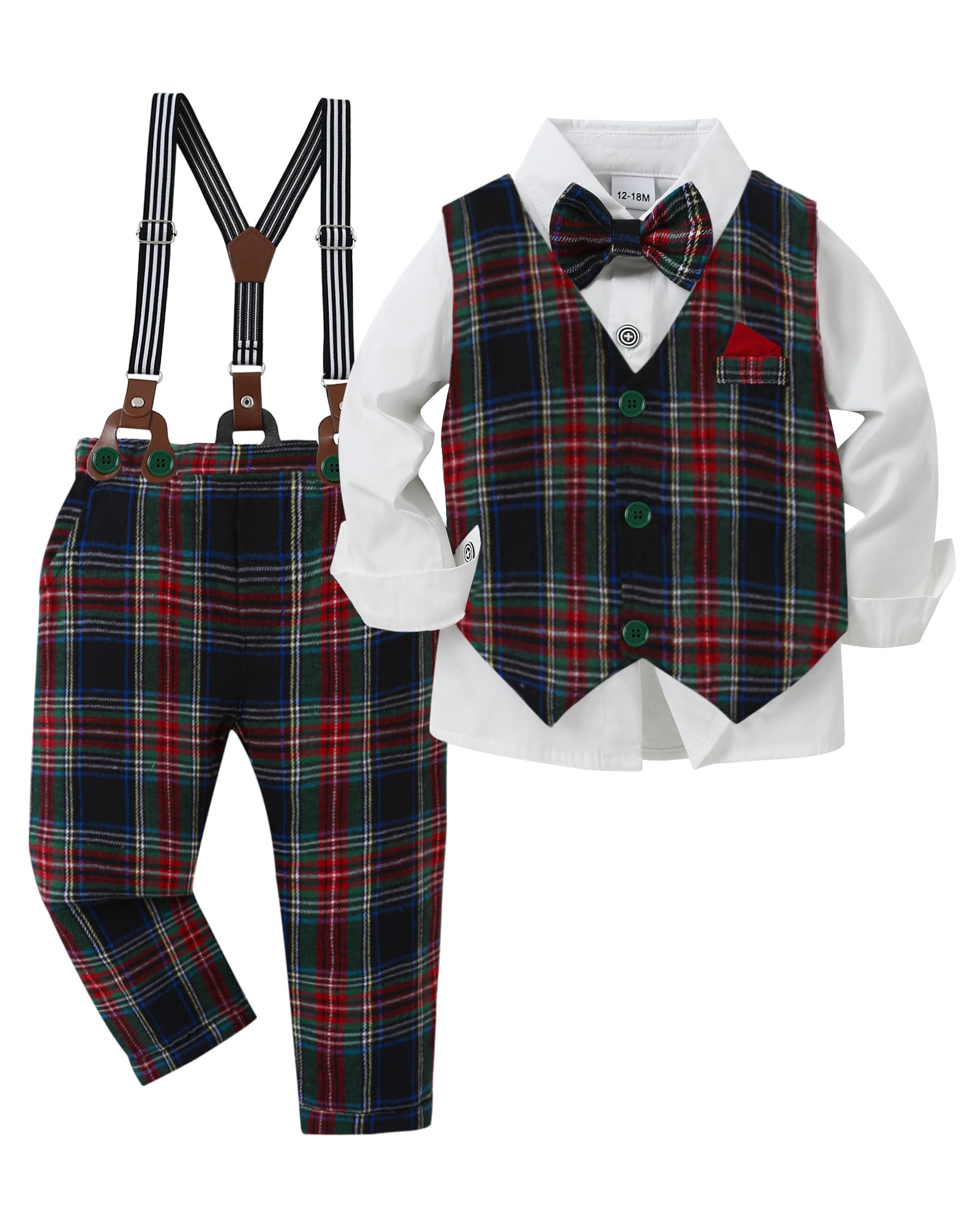 YUEMION Toddler Baby Boy Clothes Suits Gentleman Dress Shirt+Bowtie+Vest+Suspender Pants Boy Formal Wedding Outfits Set 1-5T