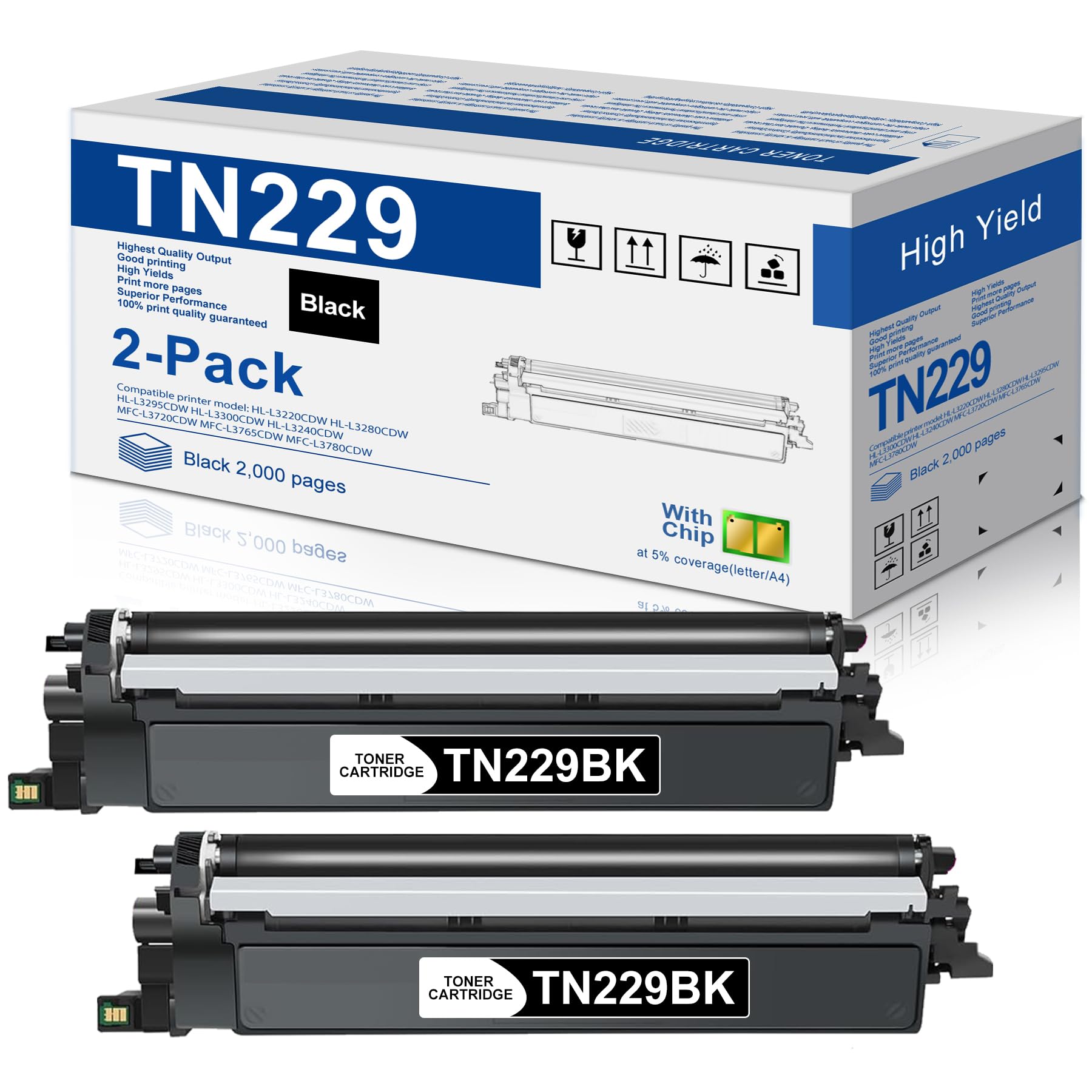 TN-229 TN229 Black Toner Cartridge 2-Pack Replacement for Brother TN-229BK TN229BK TN229XL2PK Toner for MFC-L3780CDW HL-L3280CDW HL-L3220CDW