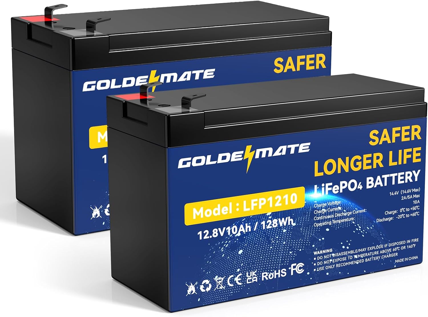 GOLDENMATE 12V 10Ah LiFePO4 Lithium Deep Cycle Battery(2