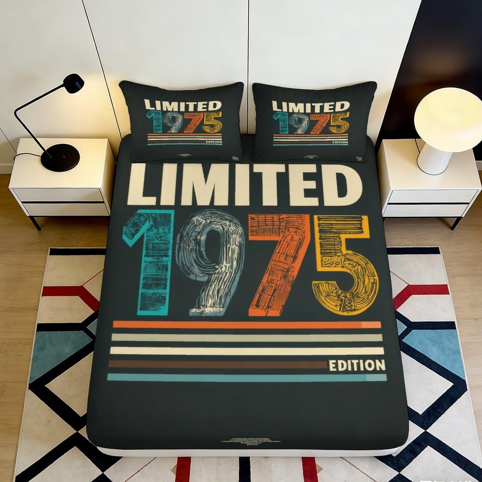 3D Printed Retro Limited 1975 Fitted Sheet Microfiber Soft Colourful Number Bed Cover Anti-Slip for Bedroom Guest Room Decor 90x200x25cm