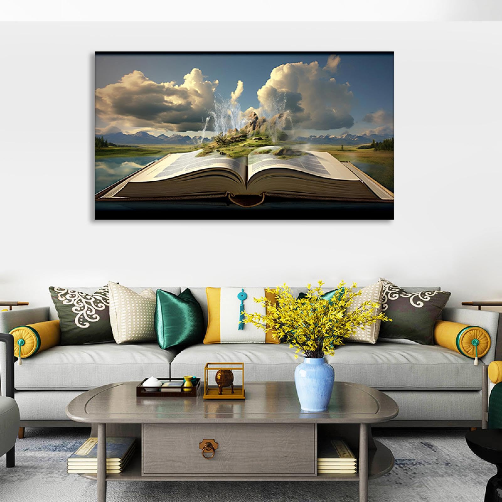 GRASKY Cuadro cascada Cuadro Lienzo Cascada Cuadros Decorativos Cascada Paisaje El río en el libro impresión artística fotografía imagen gráfica decoración 70X126cm (28x50in) Marco interior