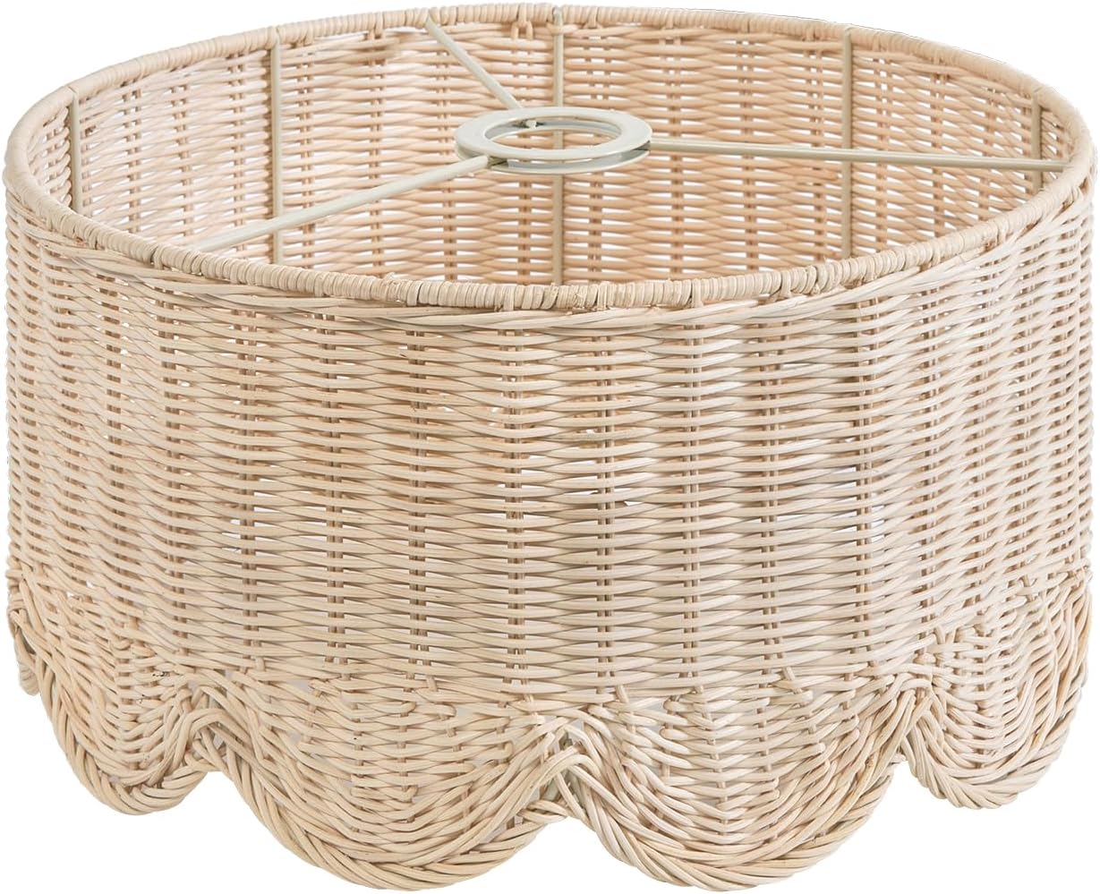 13" Plug in Scalloped Pendant Light, Rattan Hanging Lights with Plug in Cord 15FT Hemp Rope Cord, Dimmable Switch – Indoor Hanging Lamps for Boho Living Room Bedroom (Bulb Included)