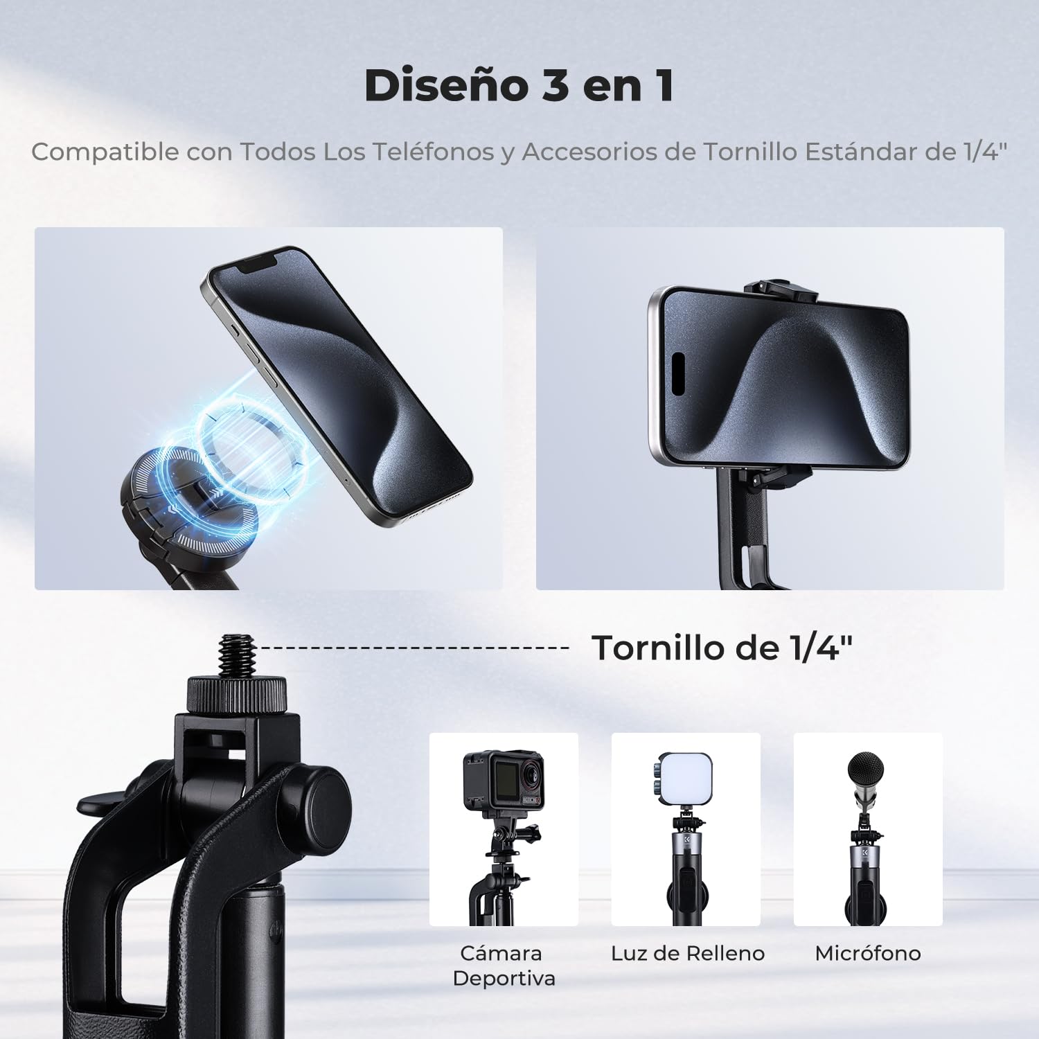 K&F CONCEPT TF08 180cm Trípode para Movil, 3-en-1 Palo de Selfie Magnético+Clip+Tornillo 1/4", Trípode Magnético Rotatorio de 360°, Compatible con iPhone 17-12 y Android,dji OSMO 3/4,Luna Ultra