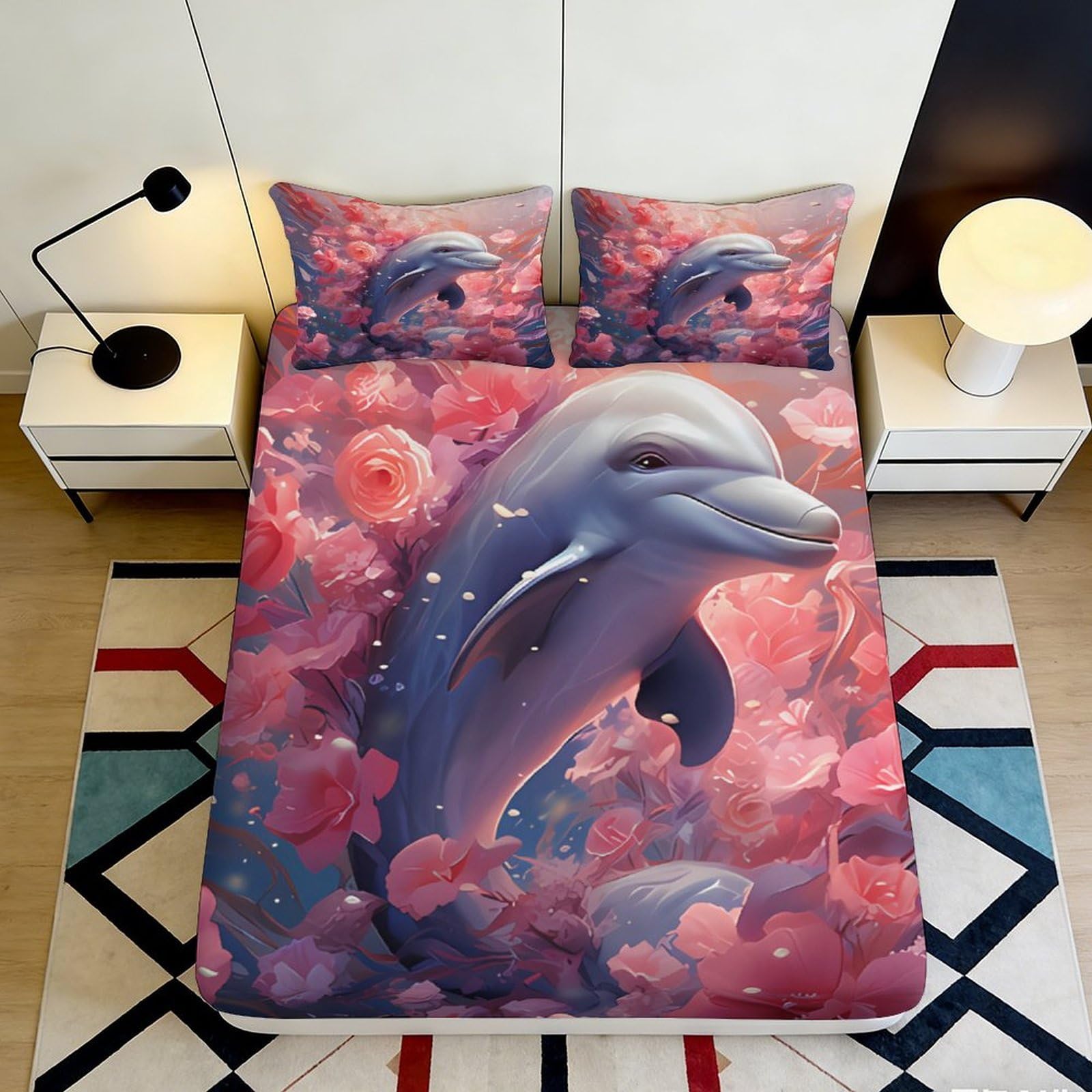 Tjiqhvmrn Style-2 3D Printed Dolphin Dreamy Microfiber Fitted Sheet Deep Pocket Non-Slip Full Wrap Bedroom Bedding Dolphin Mattress Fitted Cover For Adults Home 90X200x25cm
