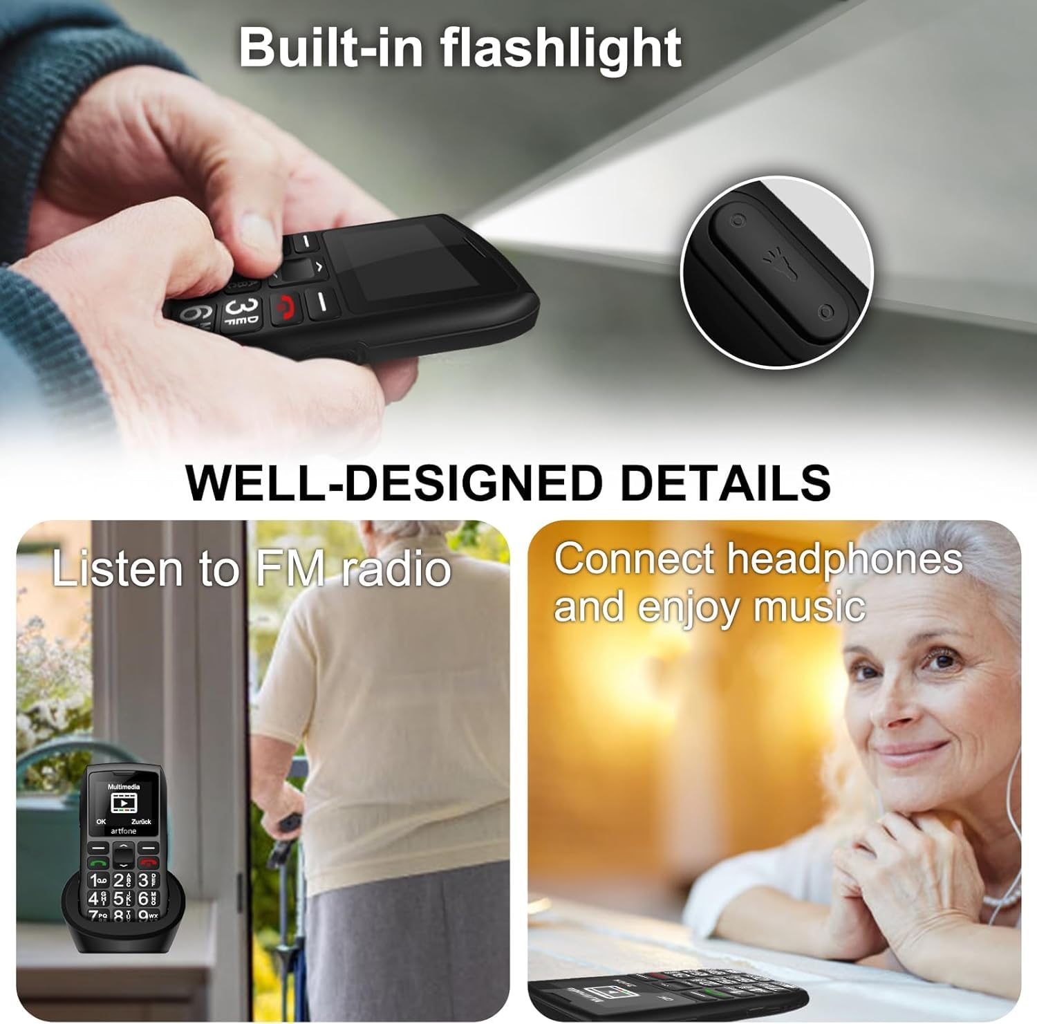 artfone C1+4G Pro Seniorenhandy Ohne Vertrag丨Großtastenhandy mit Ladestation丨Rentner Handy große Tasten丨1800mAh Akku Handy für Senioren丨SOS-Taste丨Sprachansage丨Kurzwahl丨USB-C丨Bluetooth丨FM Radio-Schwarz