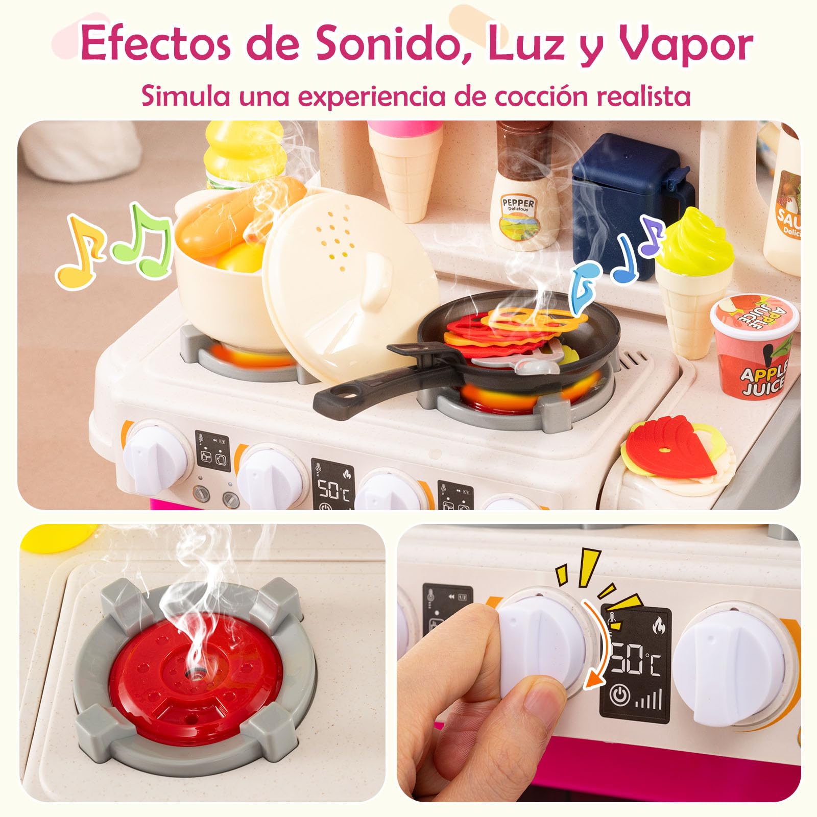 GOPLUS Cocina de Juguete para Niños, Cocinita Infantil con Fogones, Frigorífico, Microondas, Fregadero, Grifo, Vapor, Sonido y Luz, Juego de rol con 54 Accesorios para Niños de 3+ Años (Rosa)