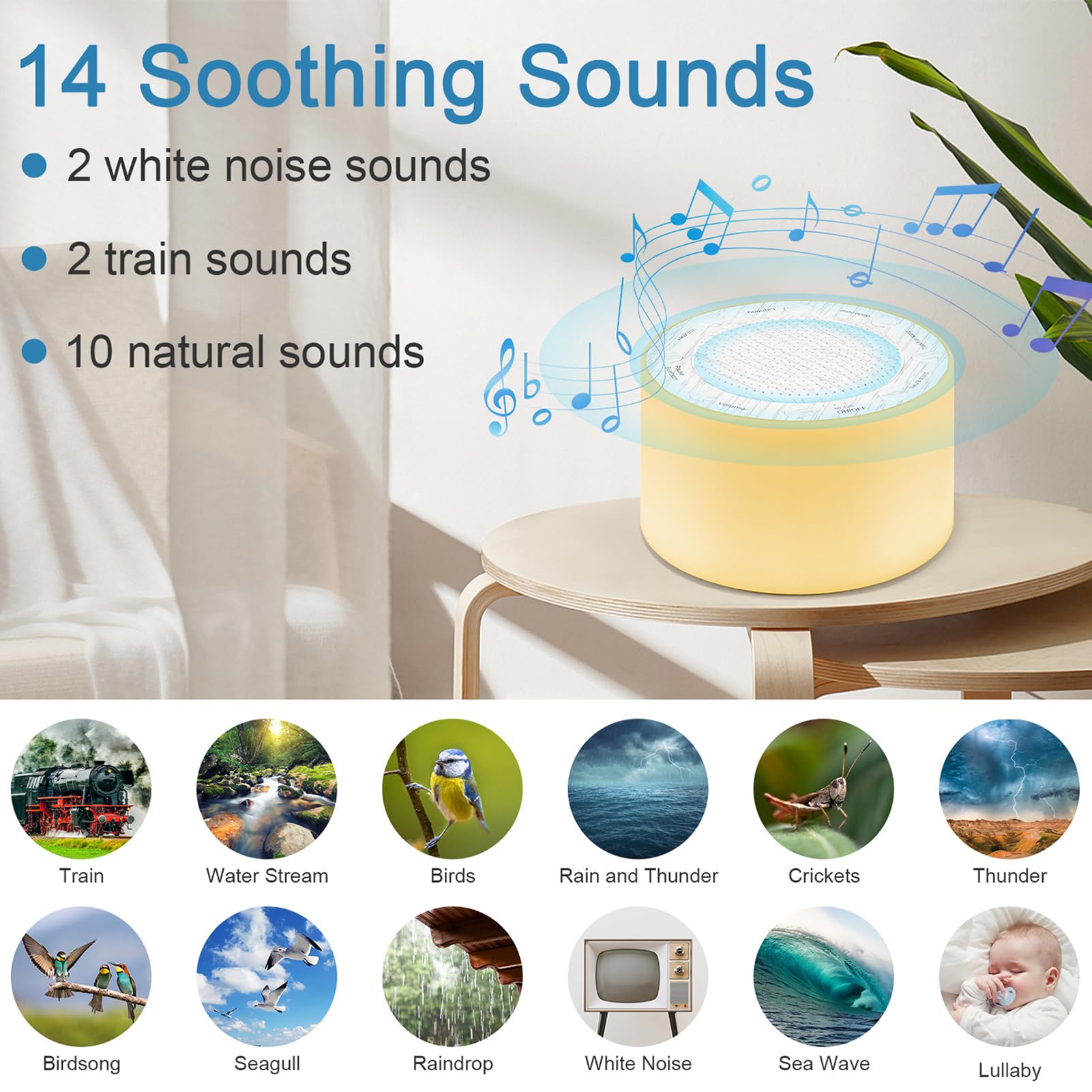 Máquina para Dormir con Ruido Blanco, Sonido con 14 Pistas de Alta fidelidad, Luces Ajustables, Rejilla metálica táctil, Temporizador y Memoria, para bebés y Adultos.