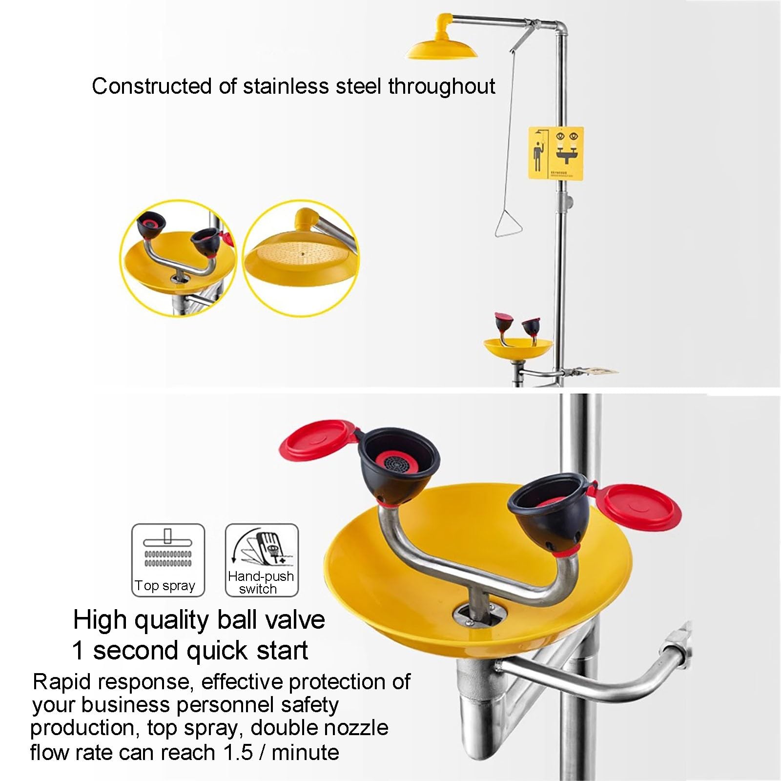 Estación de Lavado de Ojos, Sistema de Ducha de Emergencia Combinado, Estación de Lavado de Ojos de Acero Inoxidable 304 con Lavabo de ABS, Unidad de Lavado de Ojos de Plomería de Pie