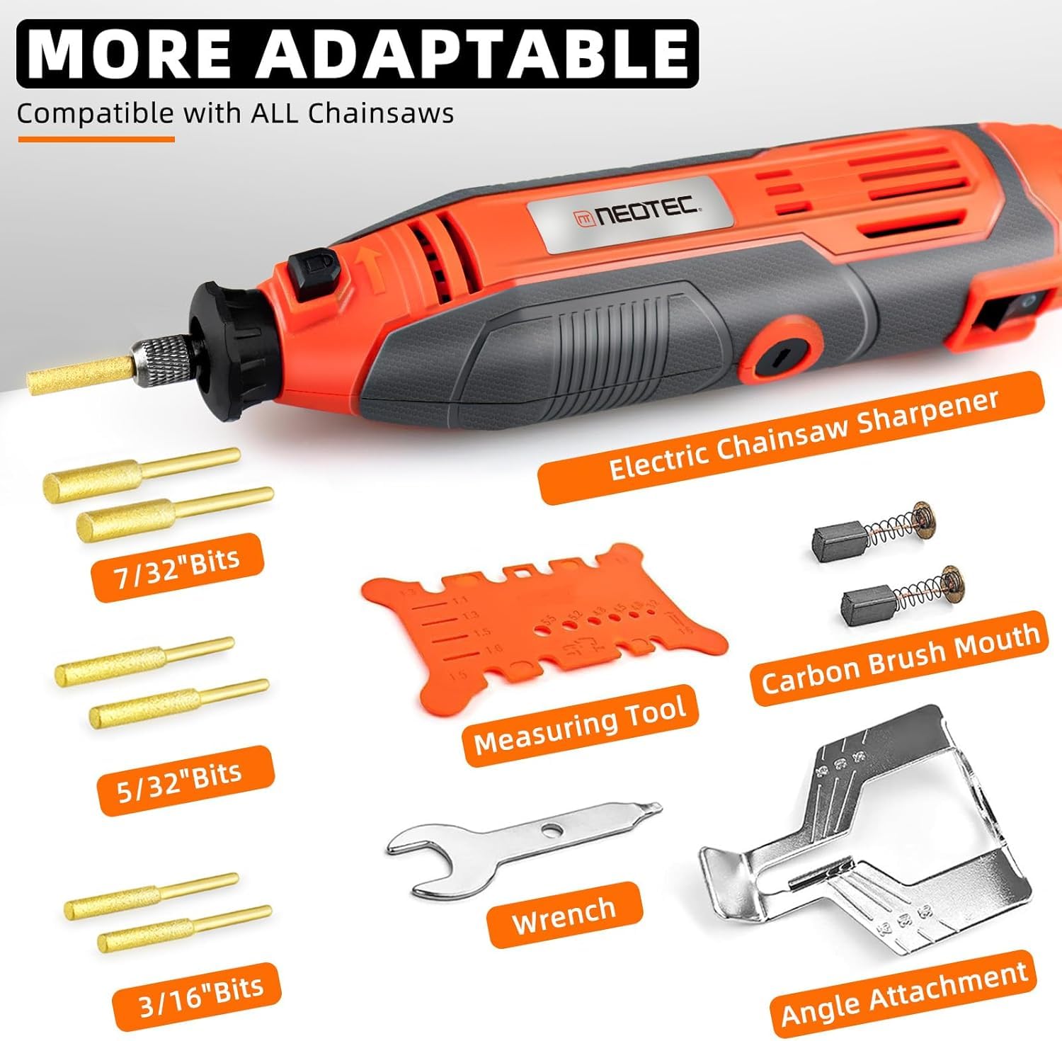 NEOTEC Electric Chainsaw Sharpener Kit Multi-Purpose Chain Saw Sharpener Tool with 6 Titanium-Plated Diamond Bits Saves Time Easy to Use De Cadena De Motosierra for all Chainsaw Chains