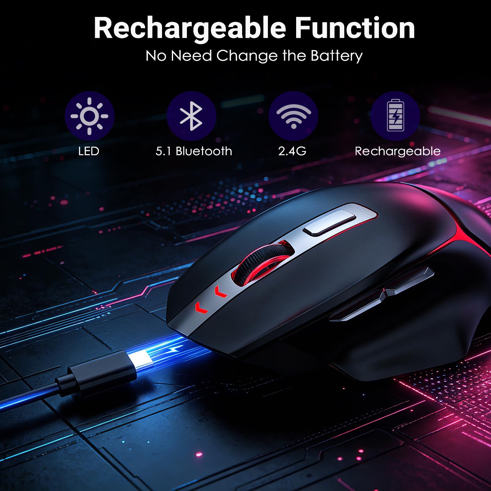 GAMCATZ Ratón inalámbrico para juegos, mouse ergonómico RGB de 12500 DPI con conectividad de tres modos (Bluetooth 5.1/2.4G/cable), ratones recargables USB-C para computadora, Mac, iPad, laptop y PC