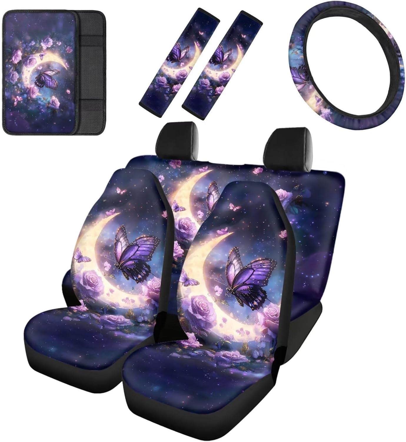 Cozeyat Auto Seat Protector for Women, 8 Pcs Blue Rose Car Seat Cover Full Set Steering Wheel Cover Shoulder Pad Armrest Pads Car Accessories