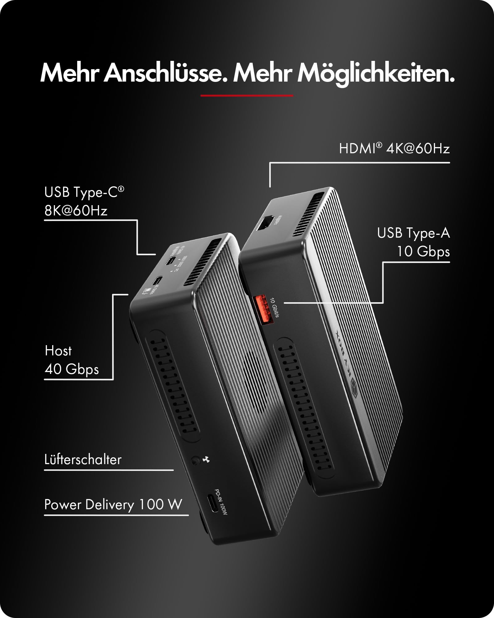 ICY Box Thunderbolt RAID Docking Station Dual M.2 NVMe SSD Gehäuse Thunderbolt 3 USB4 8K USB-C 4K HDMI USB-A aktiver Lüfter NVMe Dock