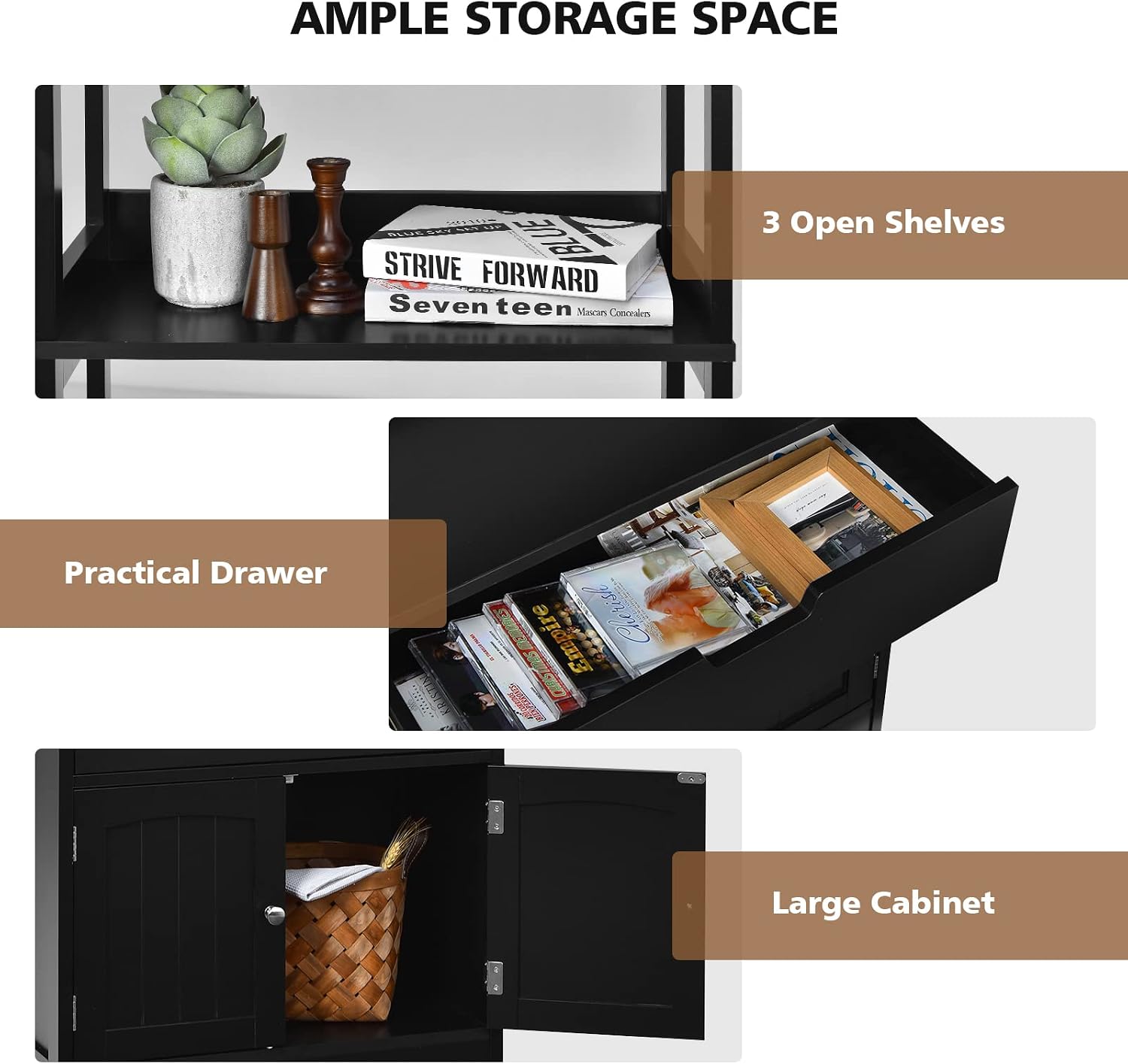 LDAILY Storage Cabinet, 24" L x 13" W x 48" H Floor Cabinet with 2 Shelves, 1 Drawer and a 2-Door Base Cupboard, Microwave Cart with Storage Cabinet for Kitchen, Bathroom, Office (Black)