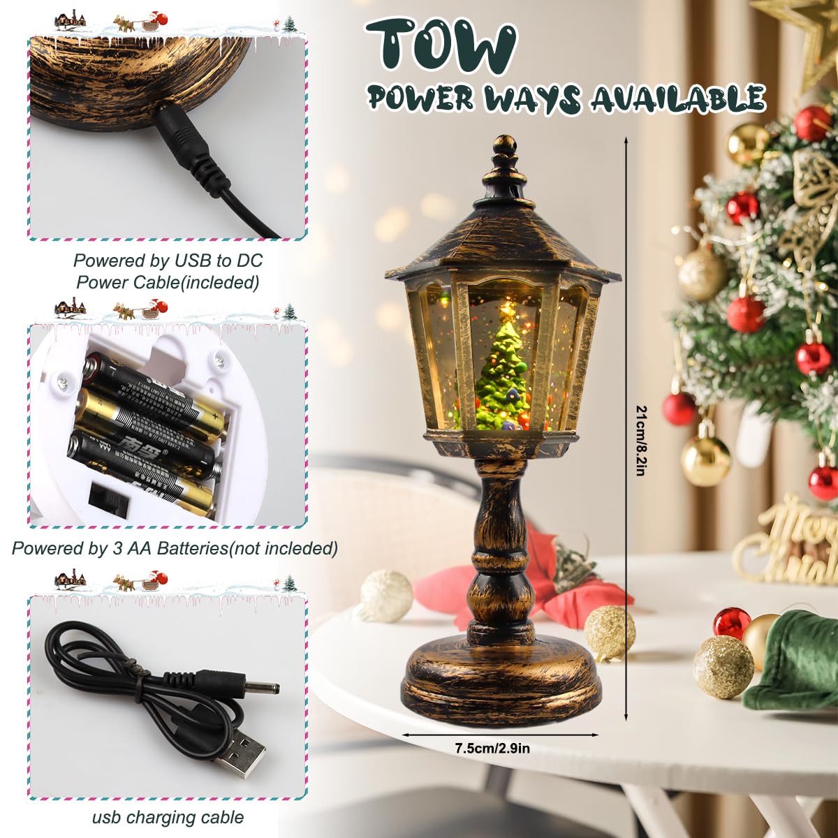 Lanterna di Natale a Globo di Neve con Musica, Retrò Globo di Neve Natalizio Ornamenti, LED Babbo Natale Fiocco di Neve Lampada di Natale Decorazioni Natalizie, Luce Notturna di Natale Regalo (bronzo)