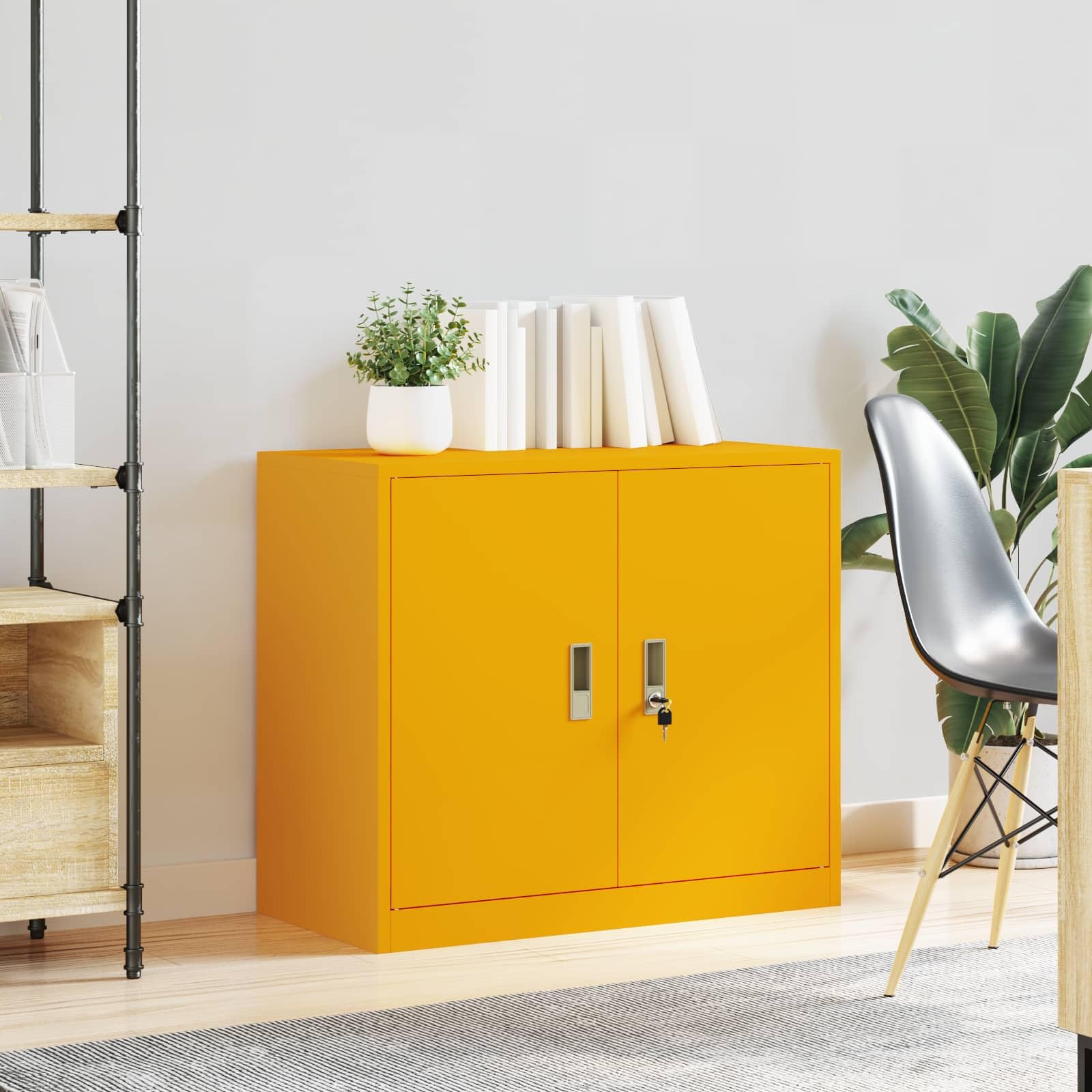 Armadio industriale giallo senape, 80 x 40 x 70 cm, armadietto da ufficio con serratura, in acciaio verniciato a polvere, design moderno per ufficio e posto di lavoro
