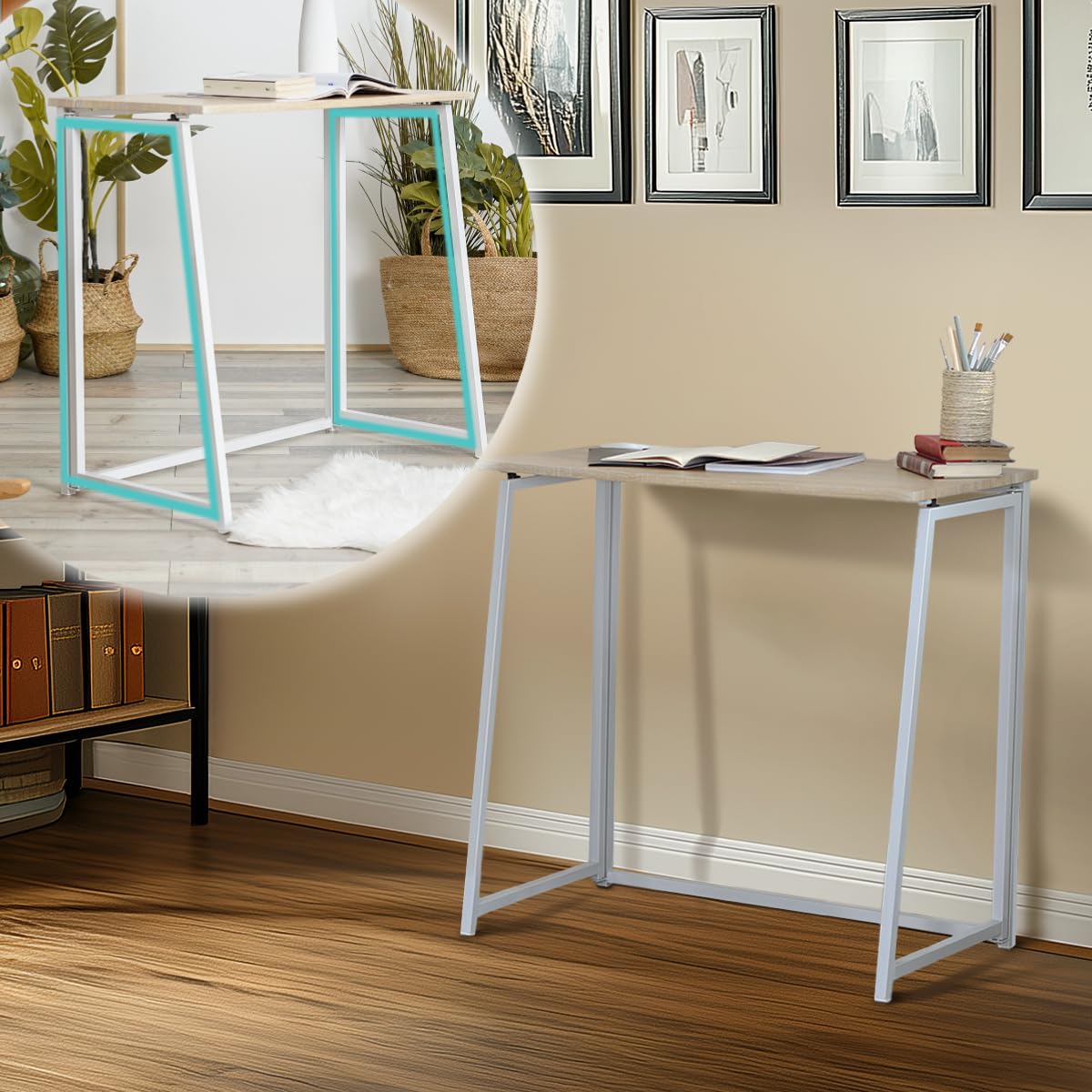 Table de Camping Pliante avec Cadre en Métal Blanc Léger pour Les Activités de Camping en Plein Air Table Compacte Pliable en Bois de Chêne pour Les Repas de Voyage