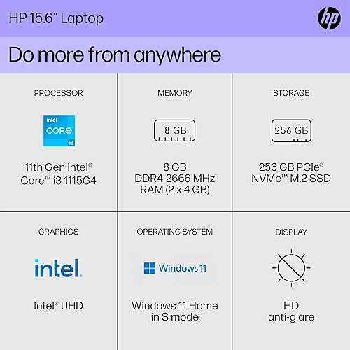 Miniatura 2 de HP Portátil de 15,6", Intel Core i3-1115G4, 8 GB de RAM, SSD de 256 GB, azul abeto, Windows 11 Home en modo S, 15-dy2792wm