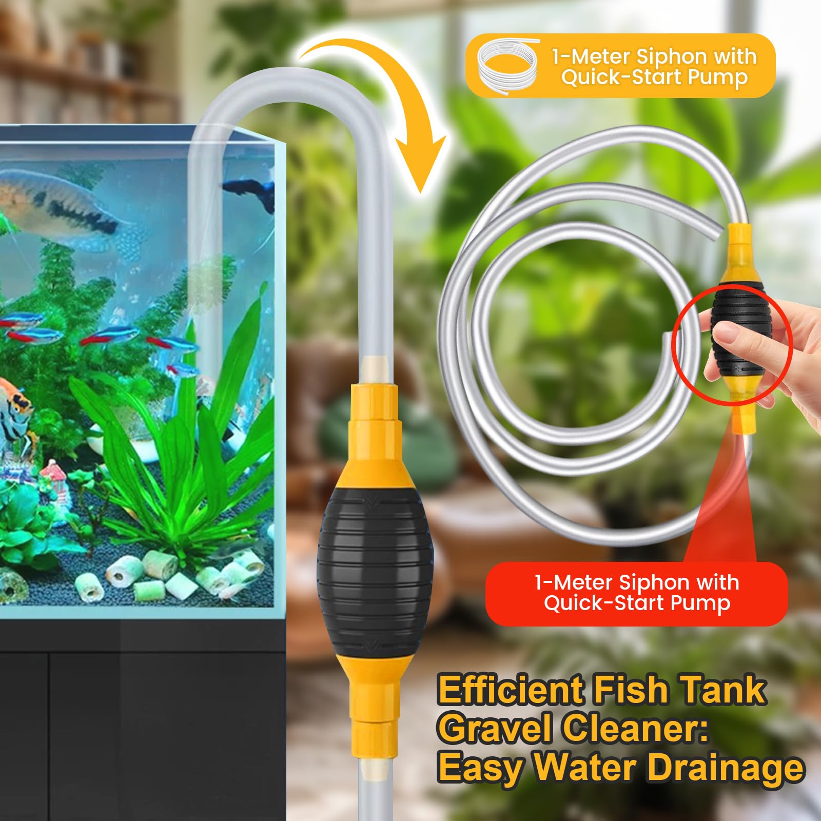 Multifunctional Fish Tank Cleaner & Gravel Cleaner Kit, Aquarium Siphon Vacuum Pump with 1m Hose, Air Bulb & 2 Lock Caps - Image 4