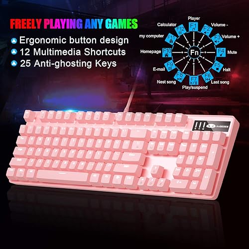 Miniatura 5 de Combo de teclado mecánico rosa para juegos y mouse con interruptor azul, 104 teclas, teclados retroiluminados blancos, mouse de 7 botones con cable