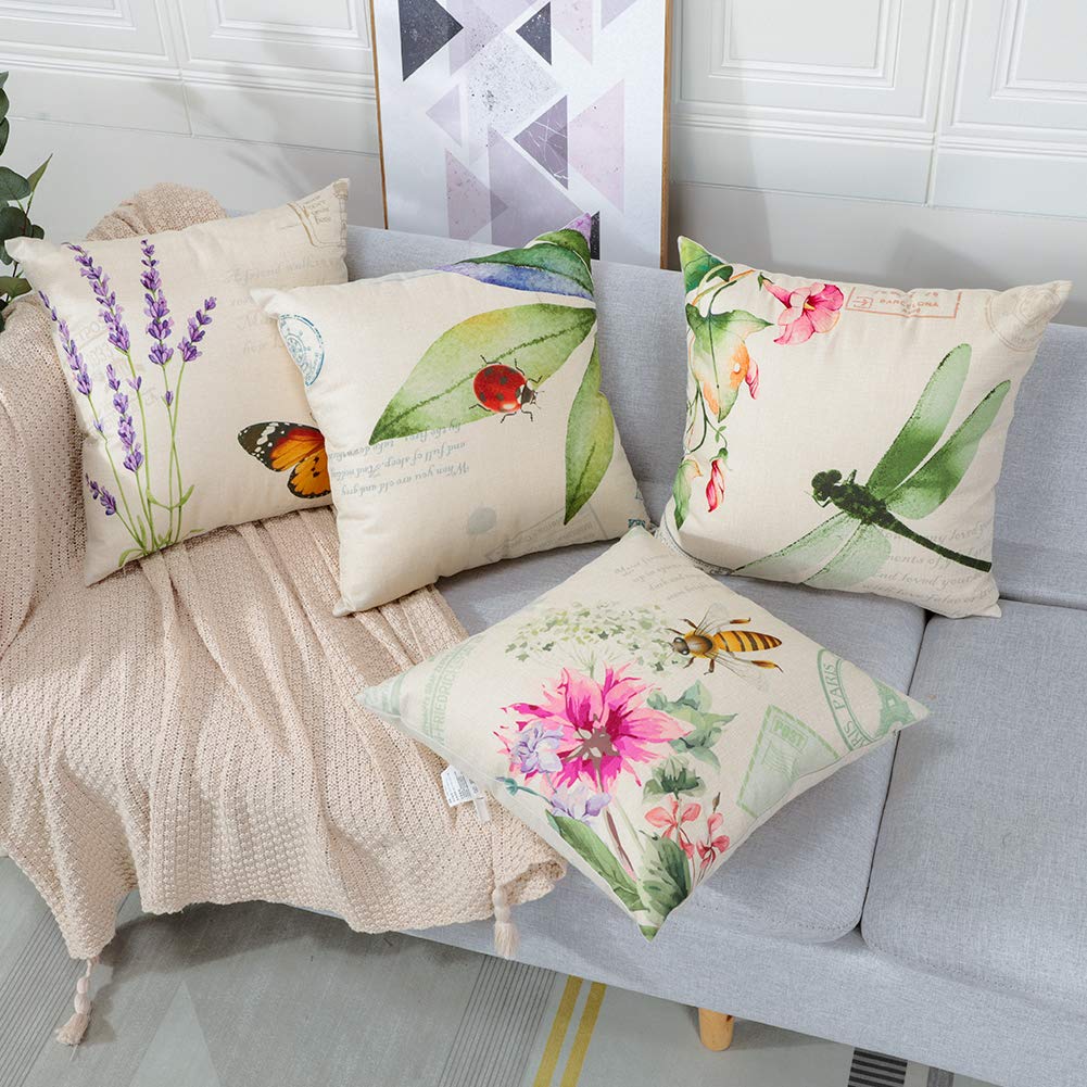 Artscope Extérieur Housse de Coussin, Lot de 4 Imperméable Insectes et Plantes Motif Canapé Taie d'oreiller pour Patio Jardin Salon Chambre Décoration, 45x45cm
